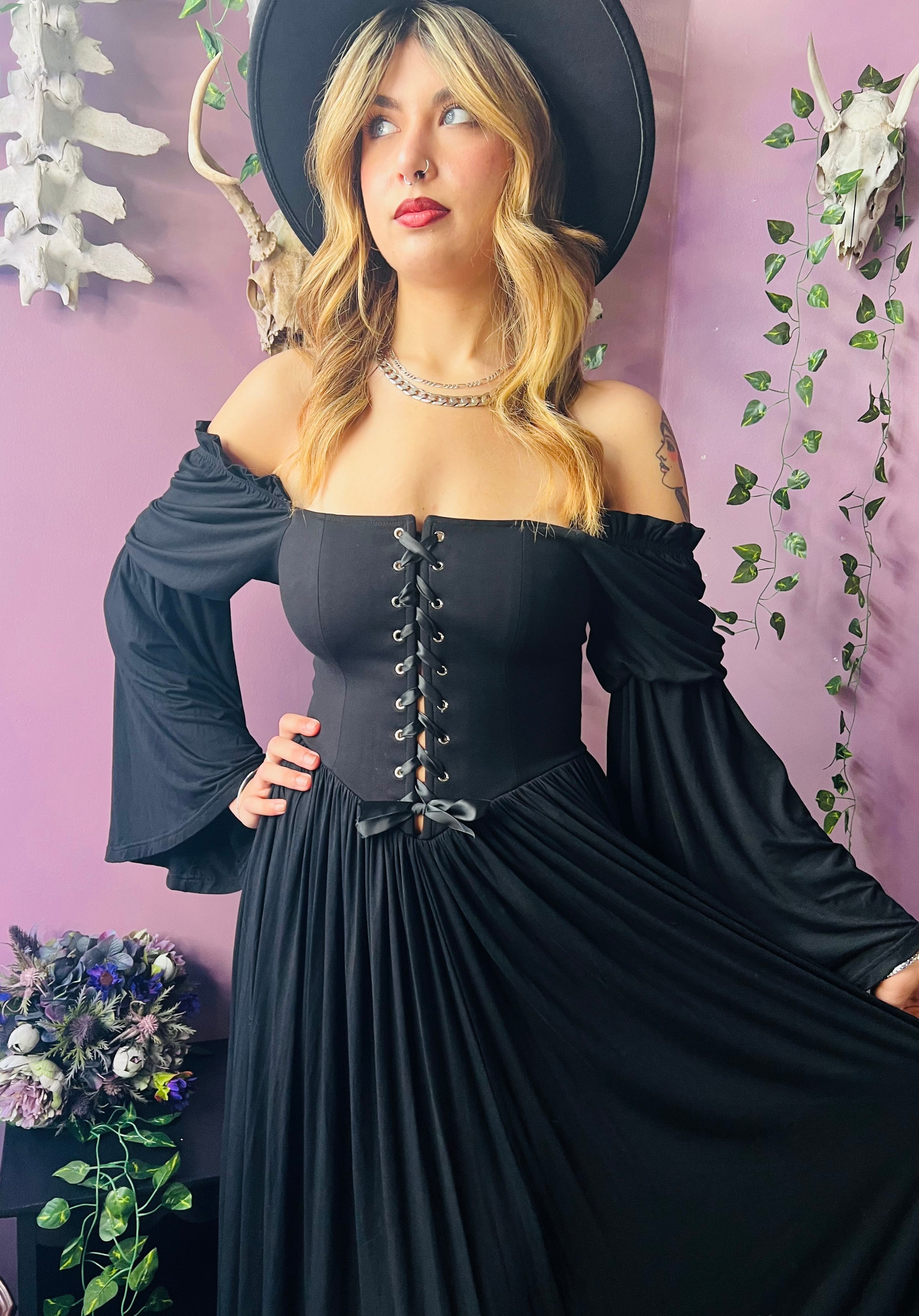 Lilith - Dark Cottage Goth Lace Up Jersey Dress - READY to SHIP