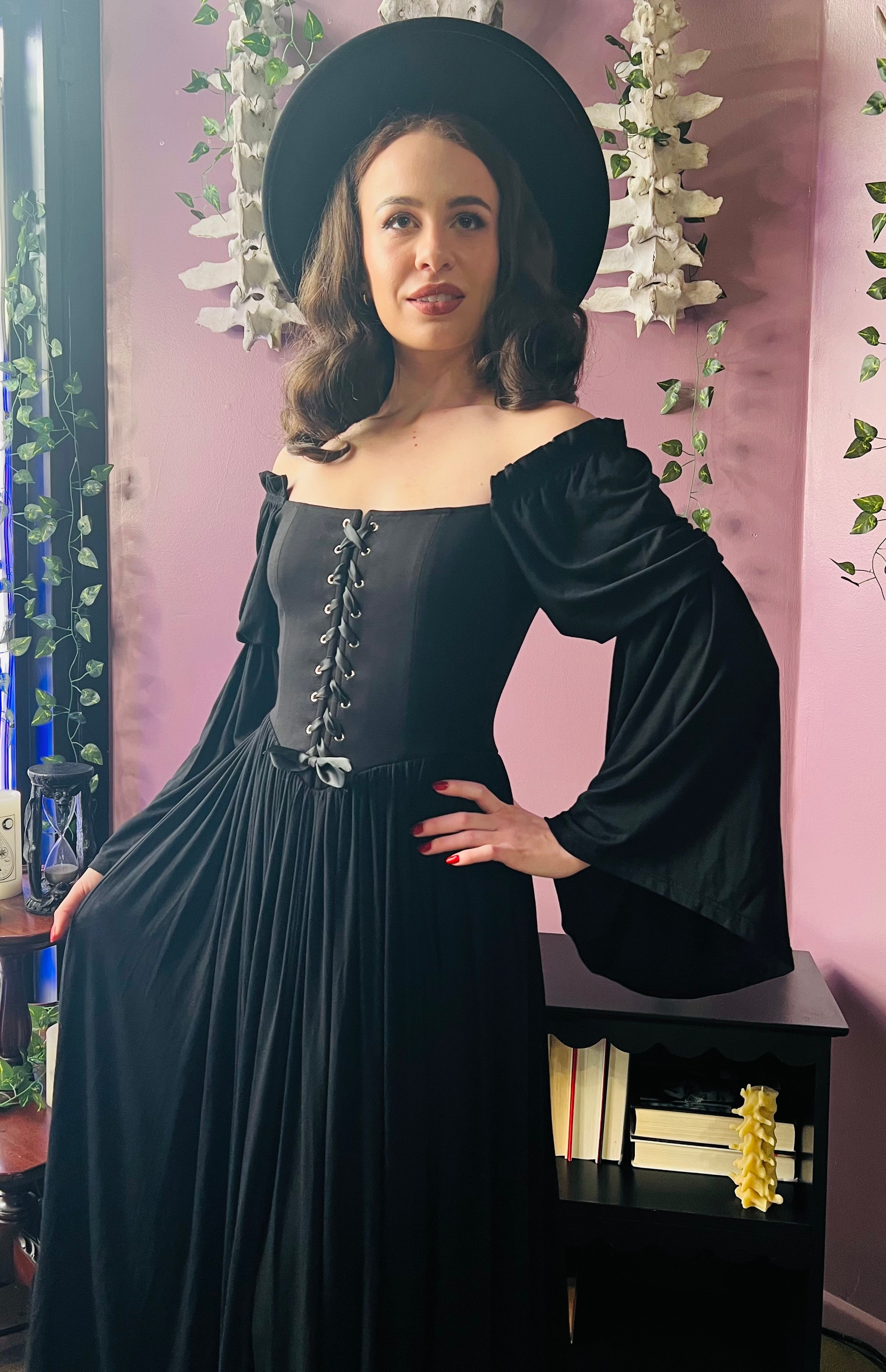 Lilith - Dark Cottage Goth Lace Up Jersey Dress - READY to SHIP