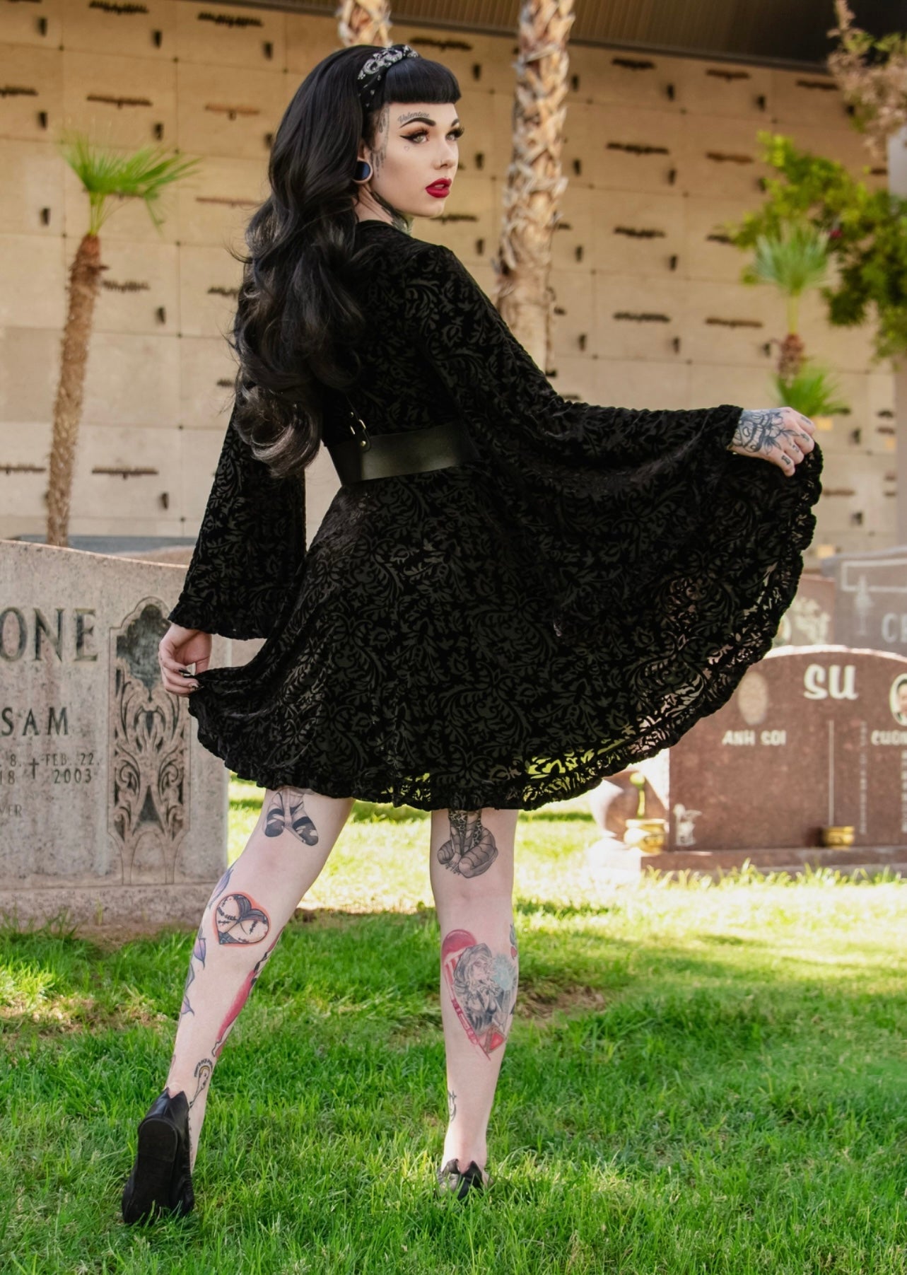 Nyx - Bell Sleeved Velvet Damask Dress with Harness - READY TO SHIP!