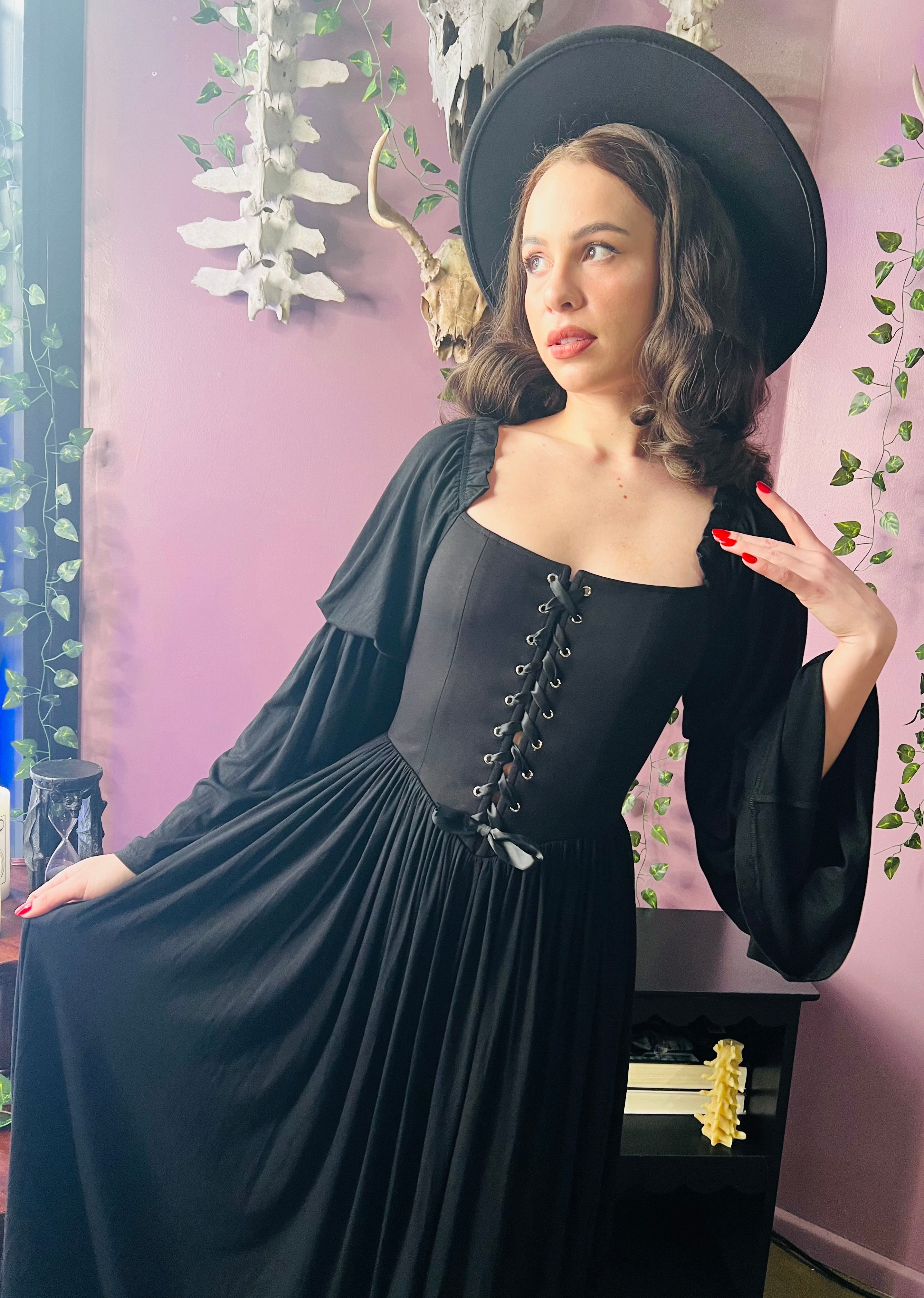 Lilith - Dark Cottage Goth Lace Up Jersey Dress - READY to SHIP