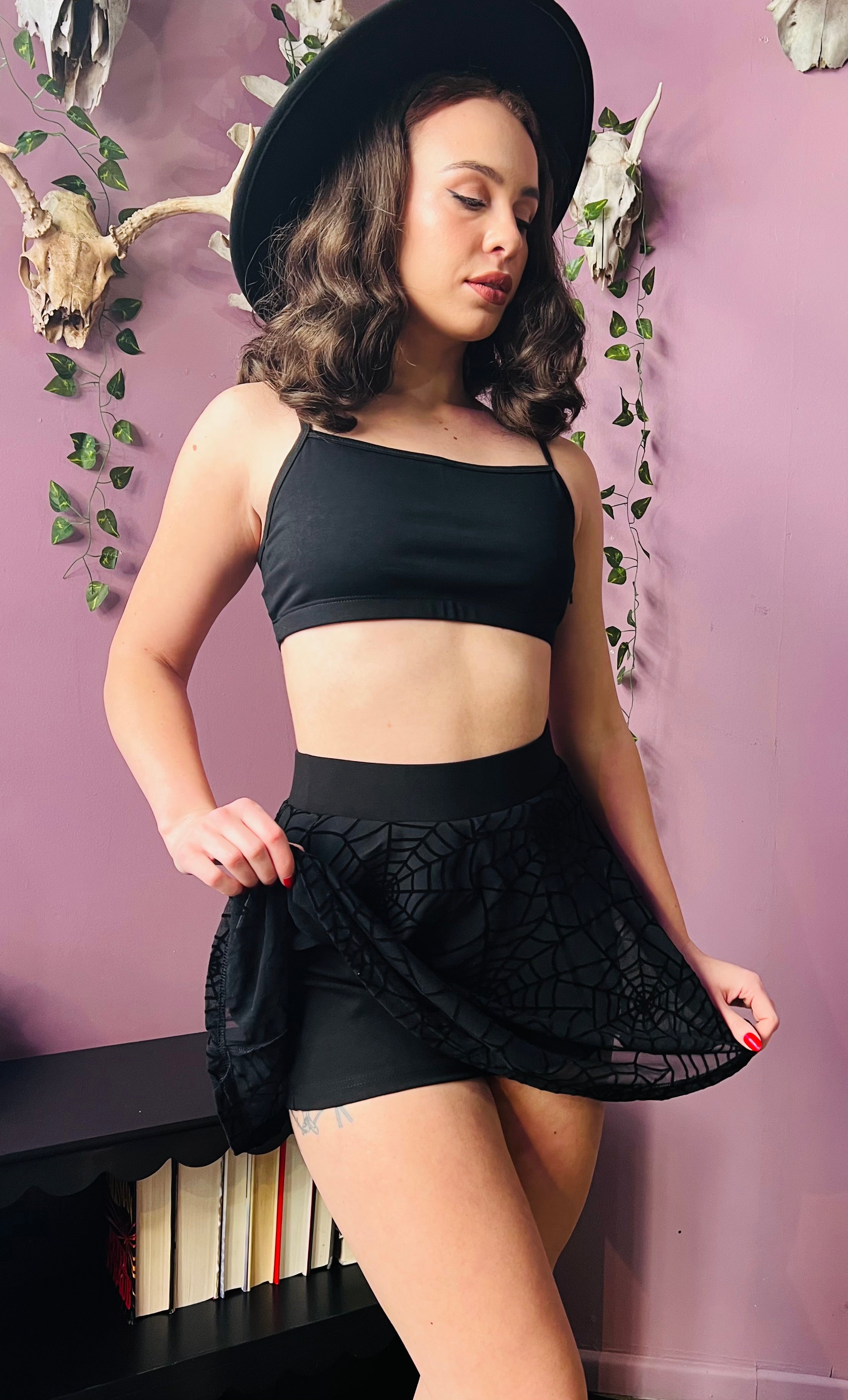 The Morbid Mini Skort - WEBS - Sheer Spider Web Skirt with Built In Shorts - Ready to Ship