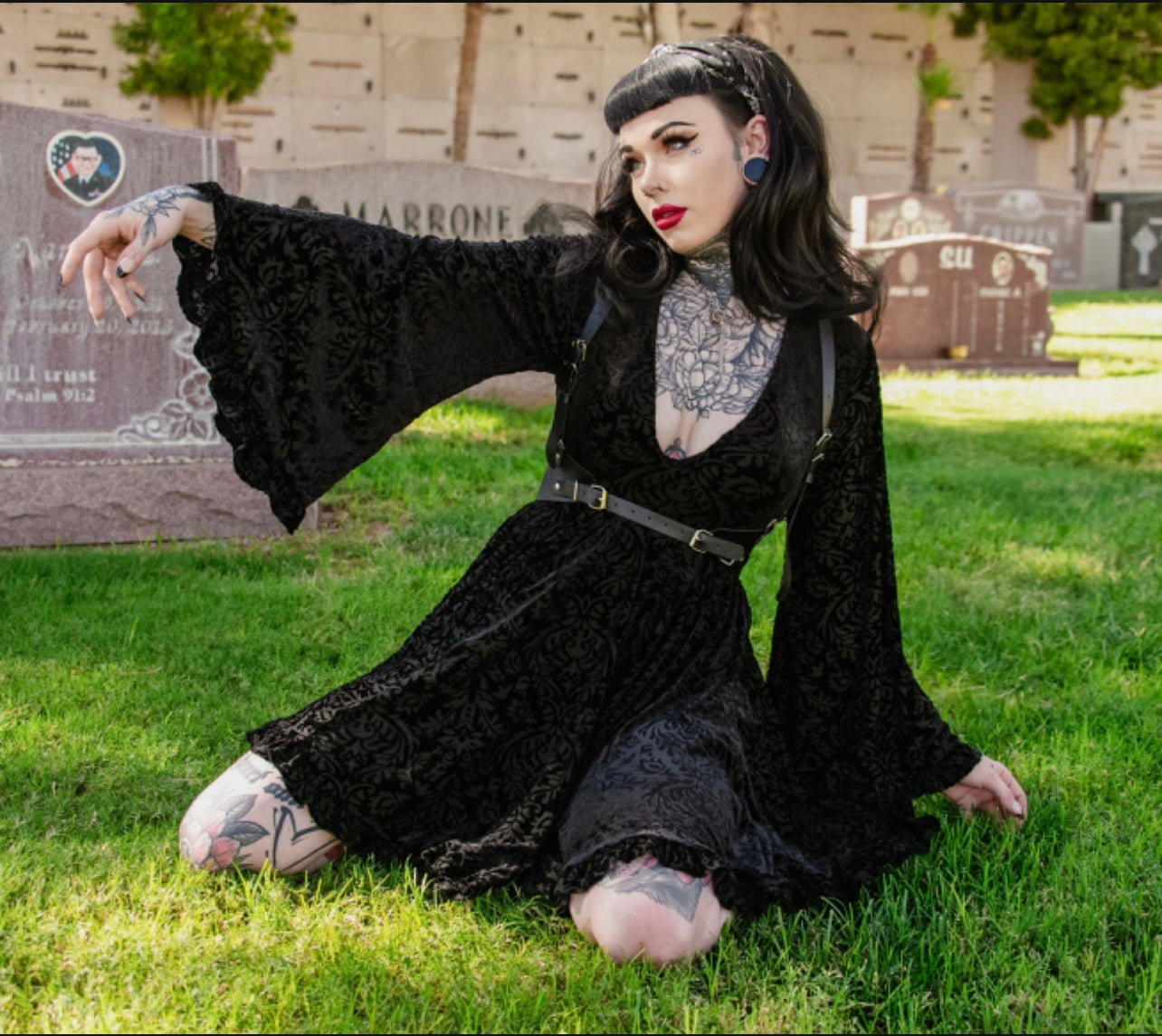 Nyx - Bell Sleeved Velvet Damask Dress with Harness - READY TO SHIP!