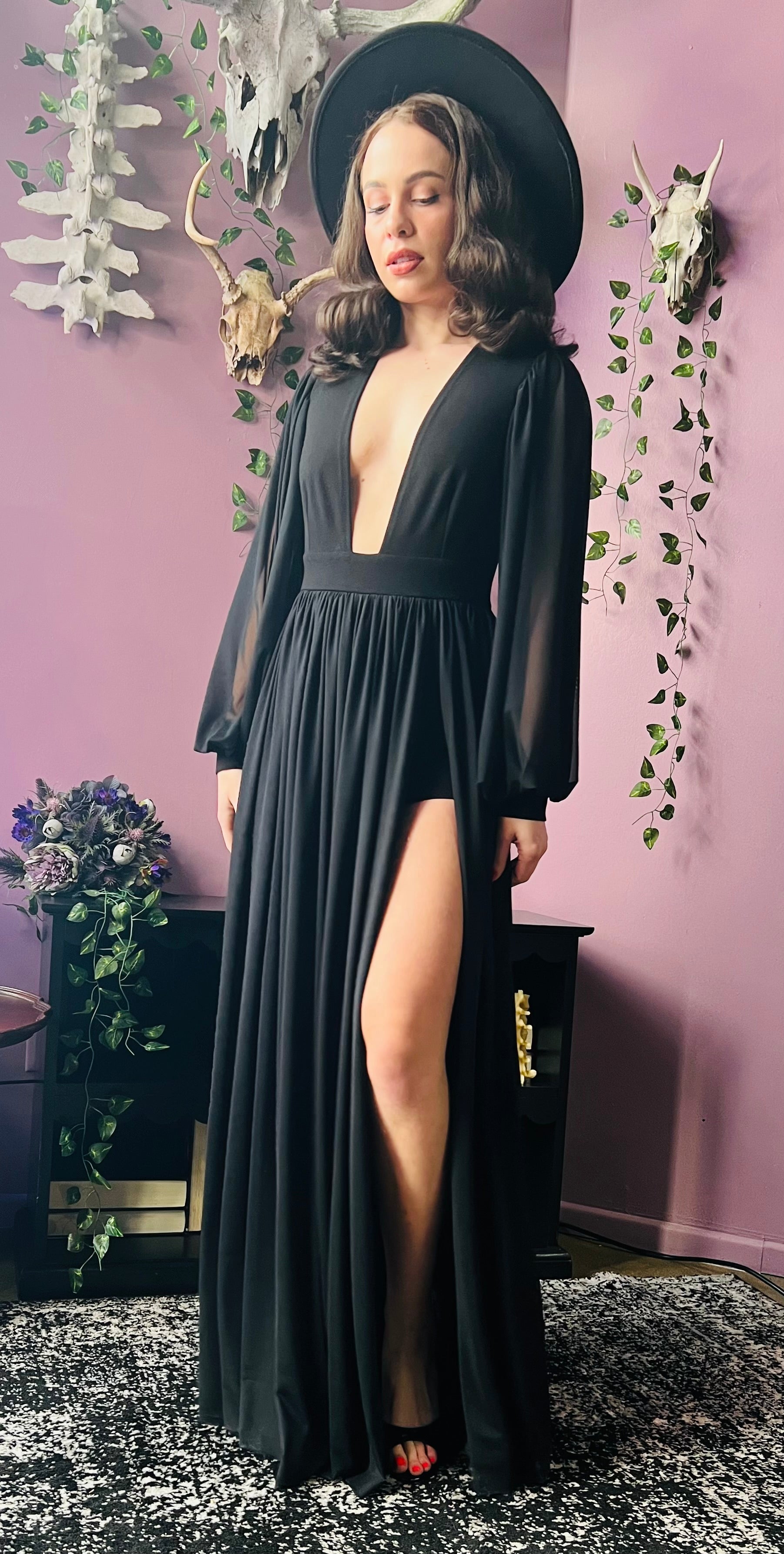 Minerva - Hauntingly Dramatic Mesh Maxi Dress with Built In Shorts - READY TO SHIP