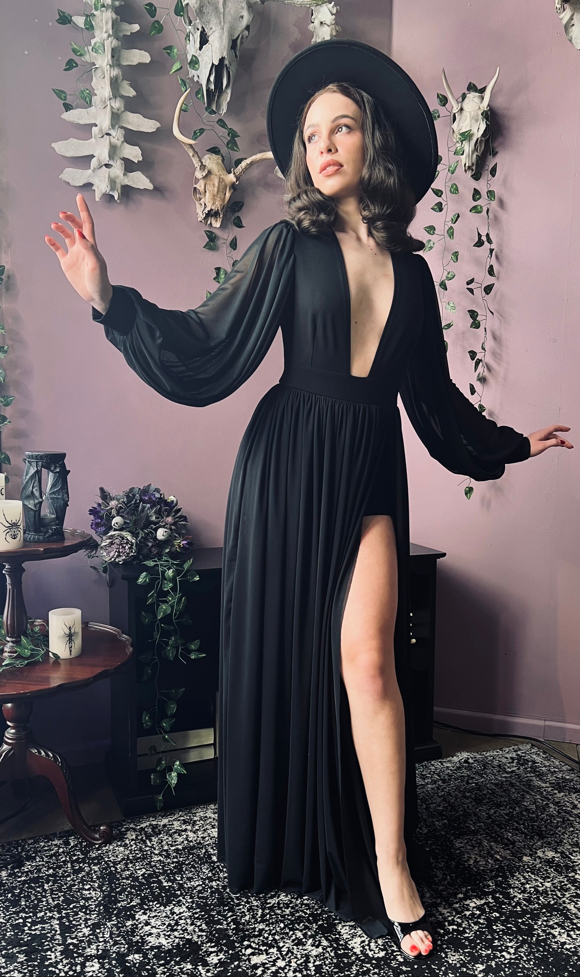 Minerva - Hauntingly Dramatic Mesh Maxi Dress with Built In Shorts - READY TO SHIP
