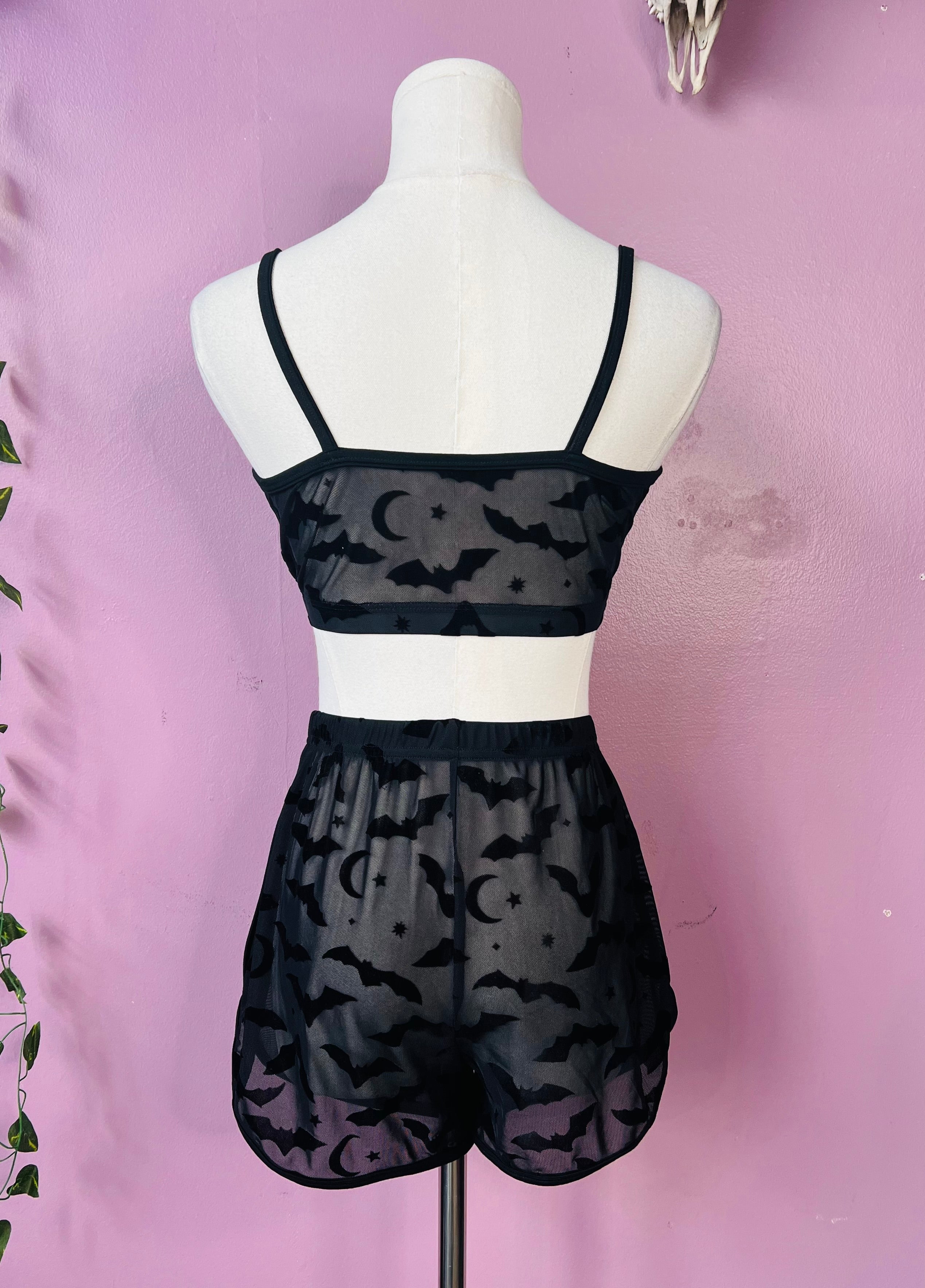 The Sinister Set - BATS - Sheer Velvet Flocked Bat Bra & Shorts Set - READY To SHIP