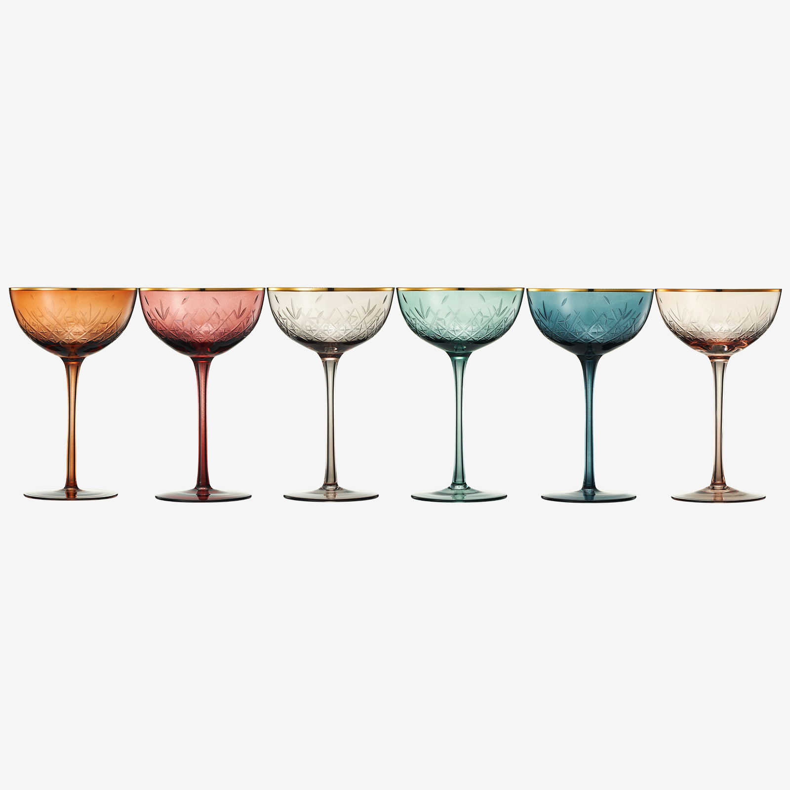 Tonal Gold Rim Champagne Coupe, Cocktail Glassware, Set of 6