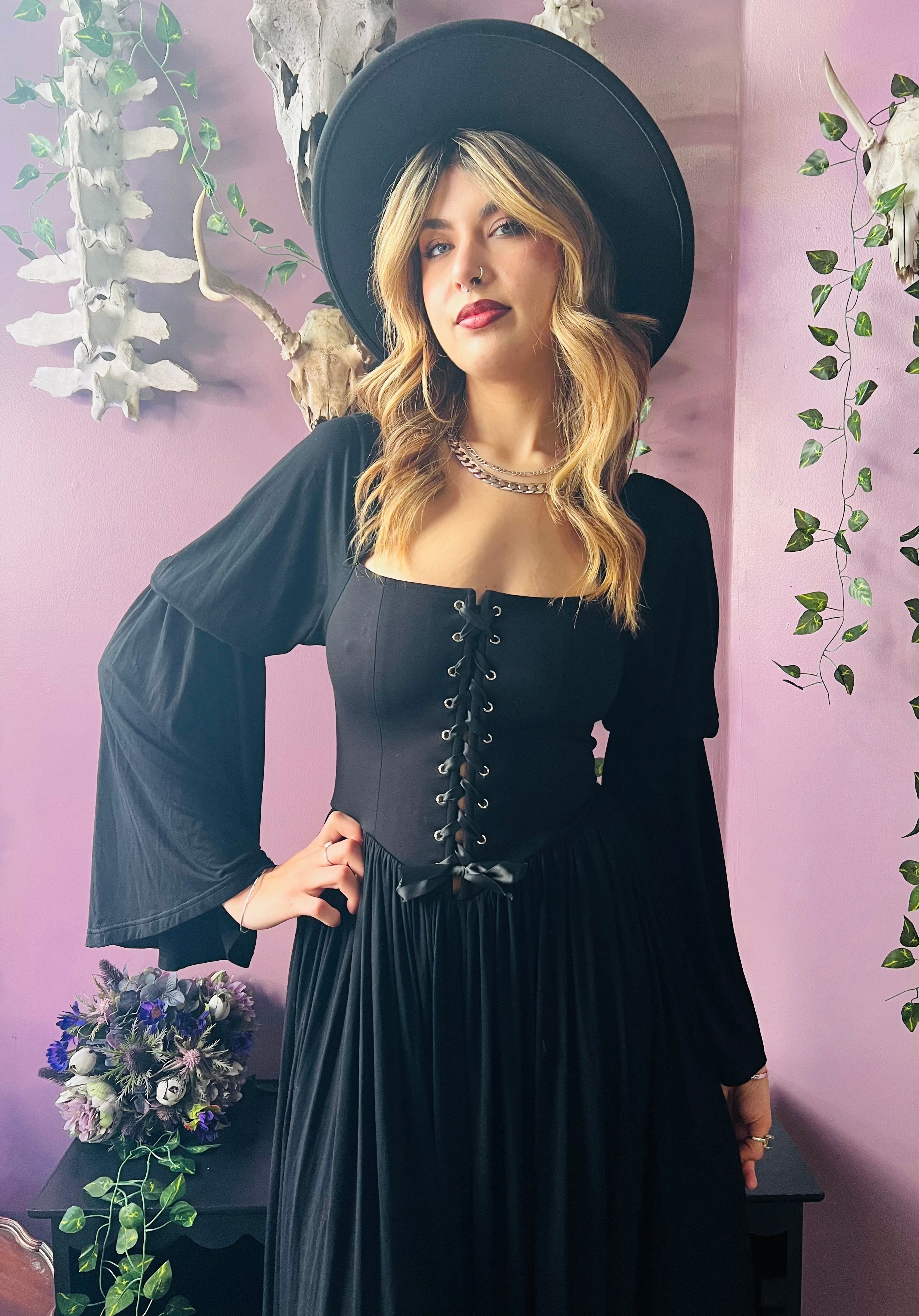 Lilith - Dark Cottage Goth Lace Up Jersey Dress - READY to SHIP