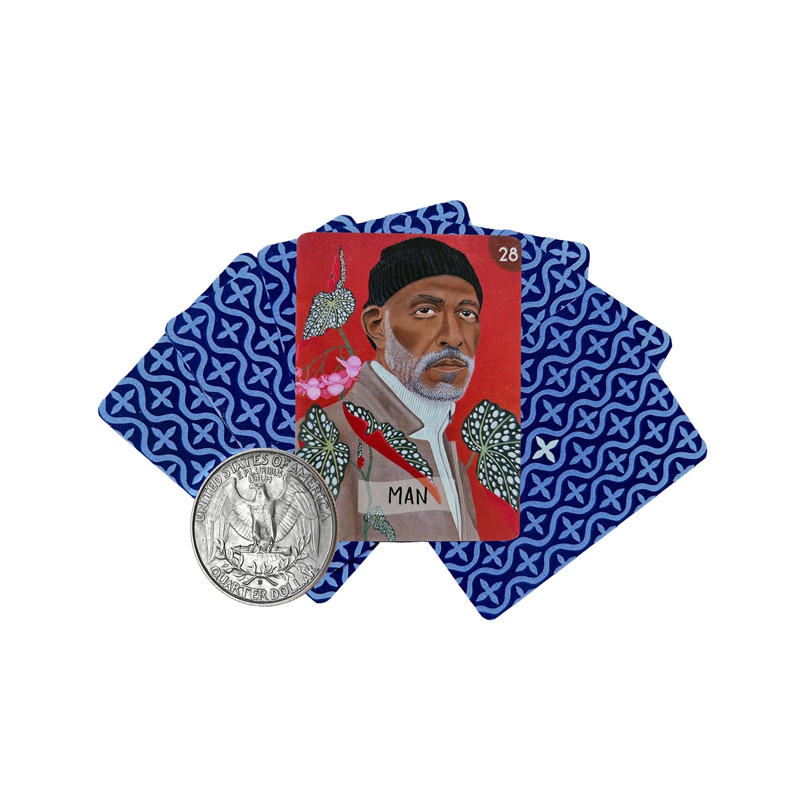 Playing cards with a unique design featuring a man's portrait and blue patterned borders, accompanied by a coin.