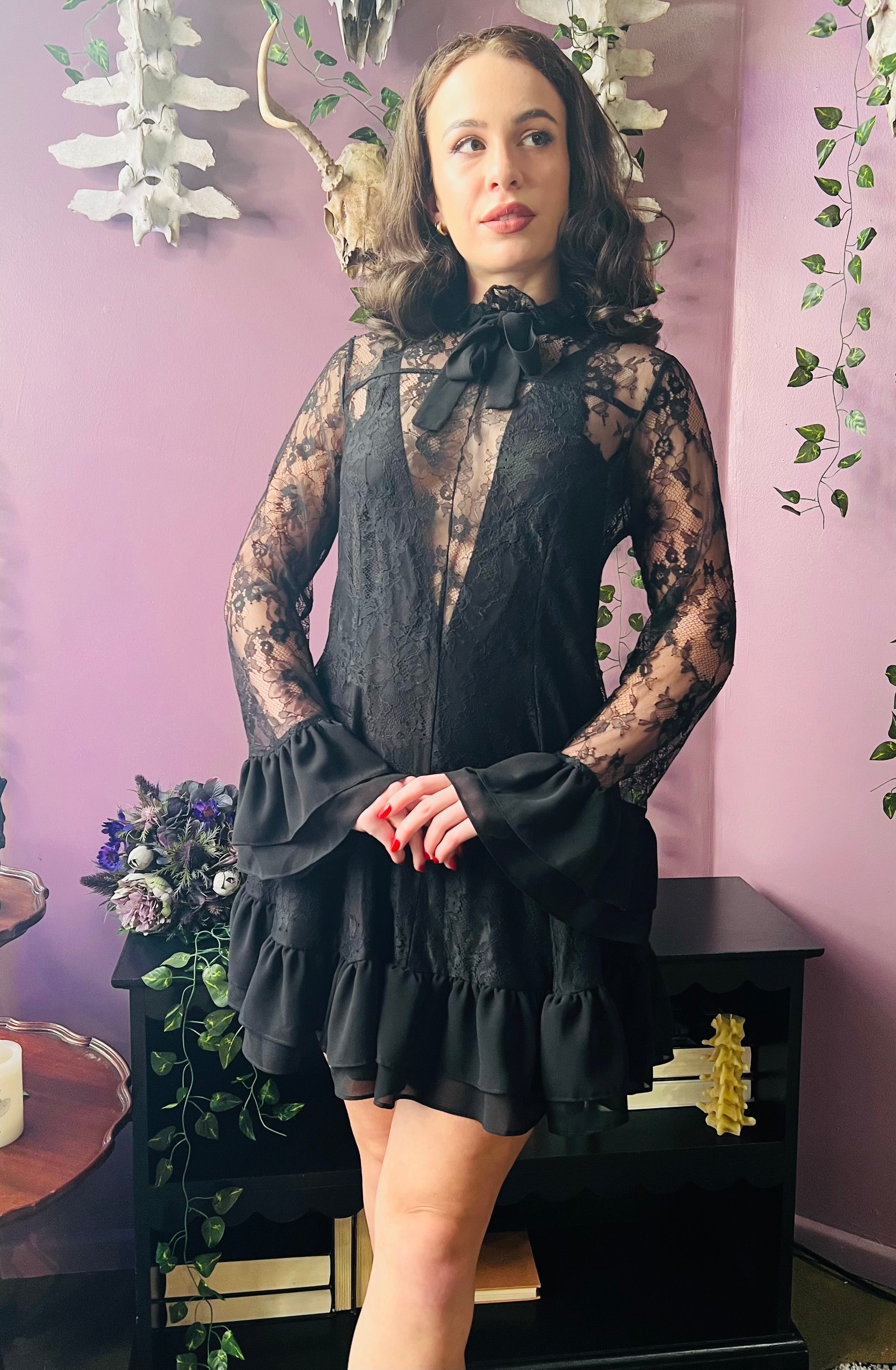 Nightshade - Dark Romantic Floral Mini Babydoll Dress - READY to SHIP