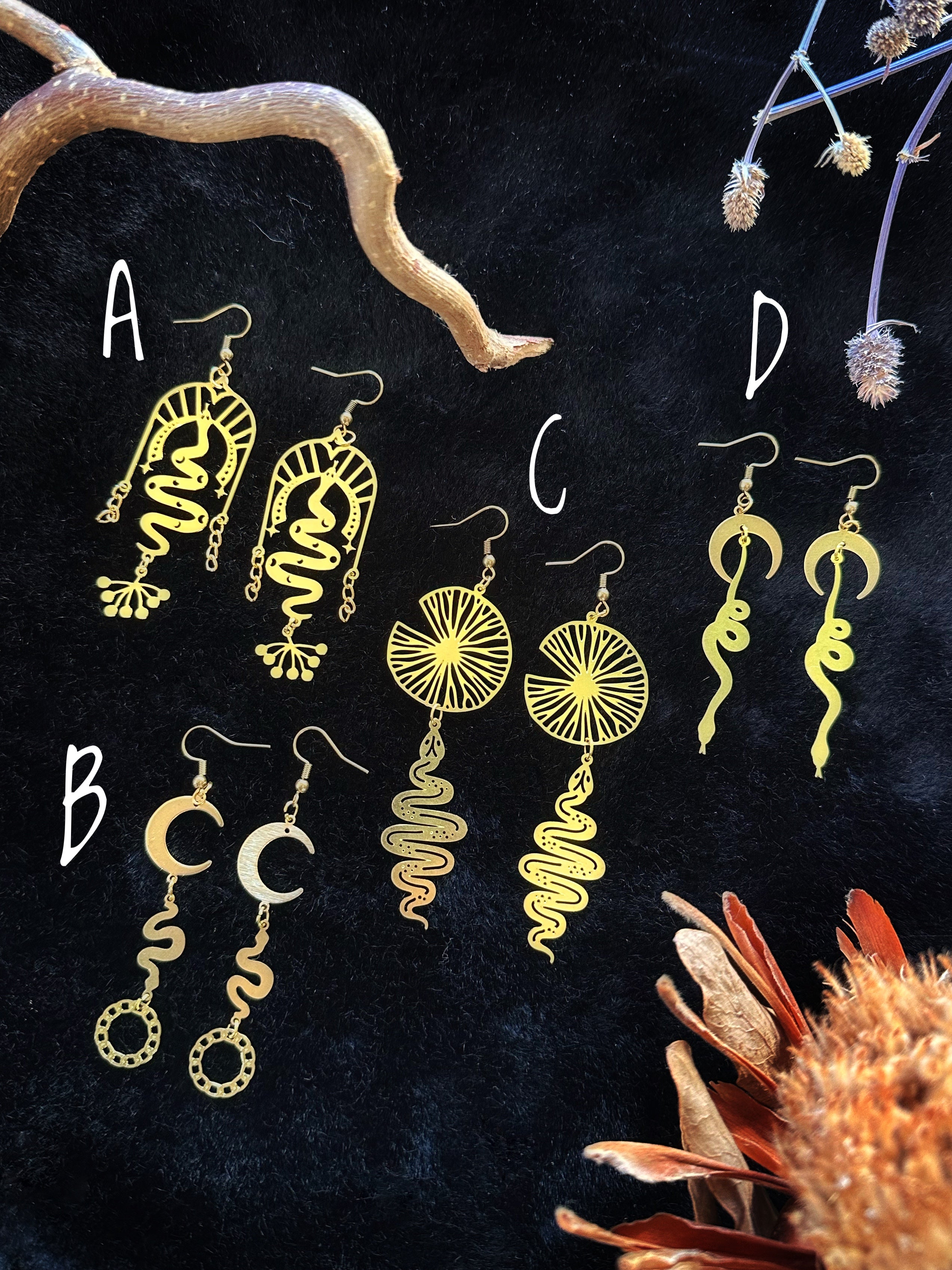 Snake, Moon, + Magick (Brass) Earrings - by Keven Craft Rituals