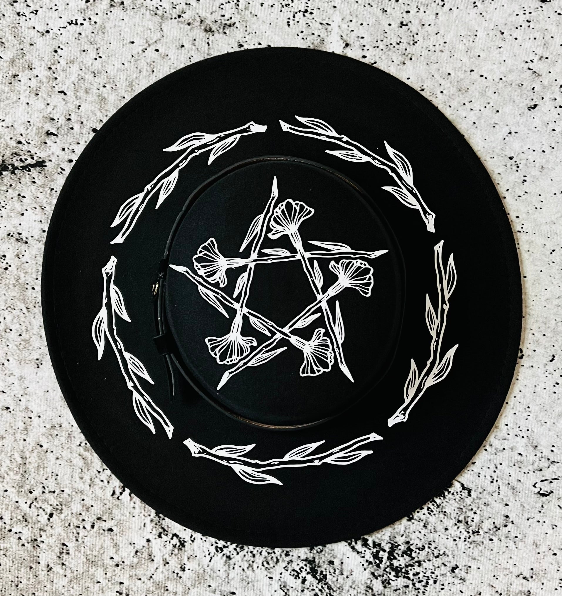 Vegan Felt Wide Brim Hat - Flat Top XL Brim - "Floral Pentacle"