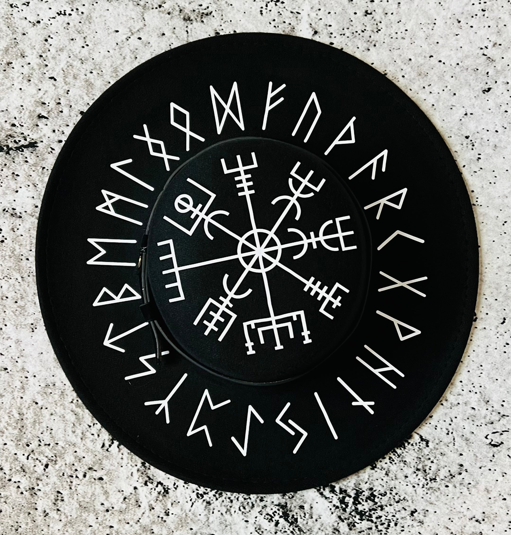 Vegan Felt Wide Brim Hat - Flat Top XL Brim - "Viking Runes"