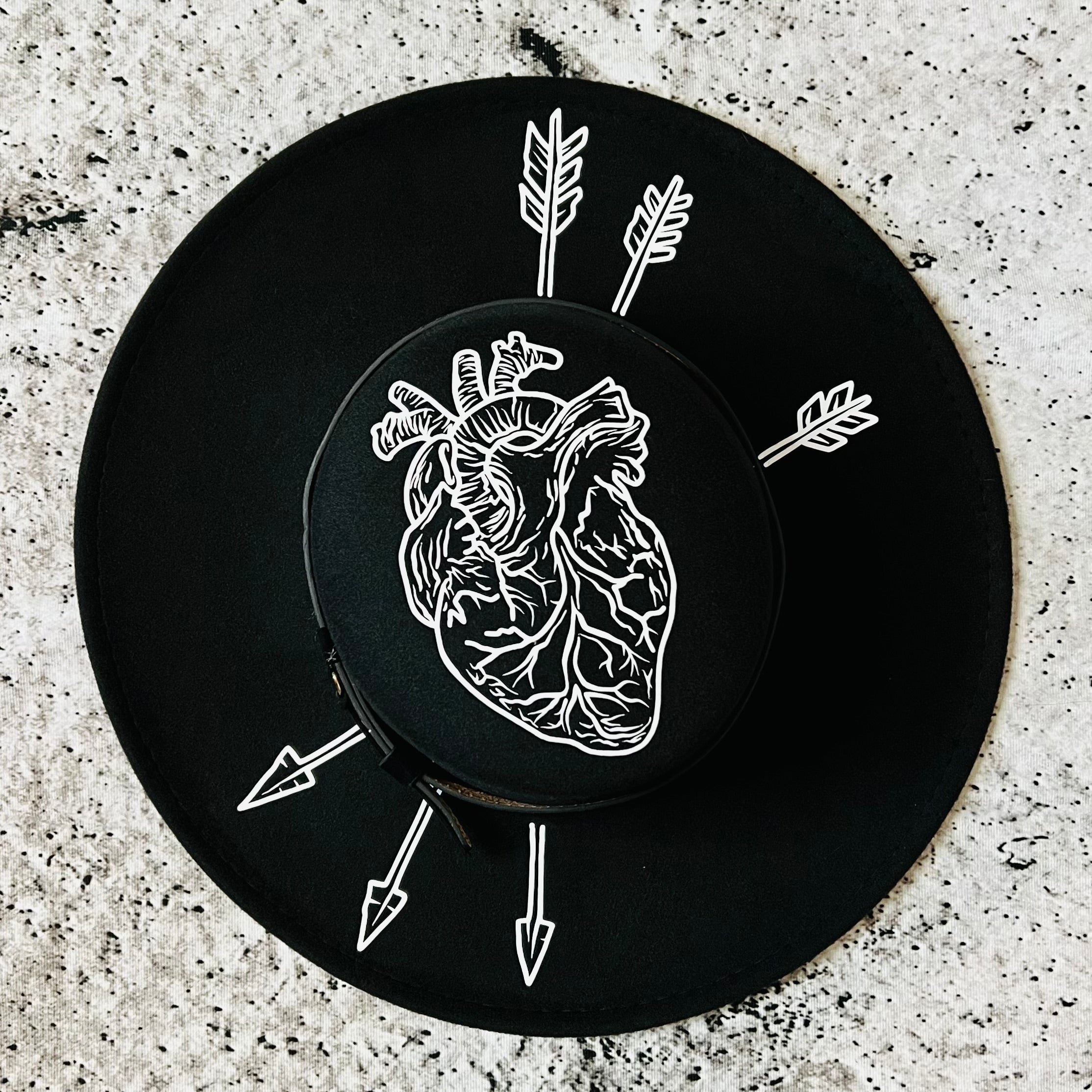 Vegan Felt Wide Brim Hat - Flat Top XL Brim - "Arrows Through Heart"