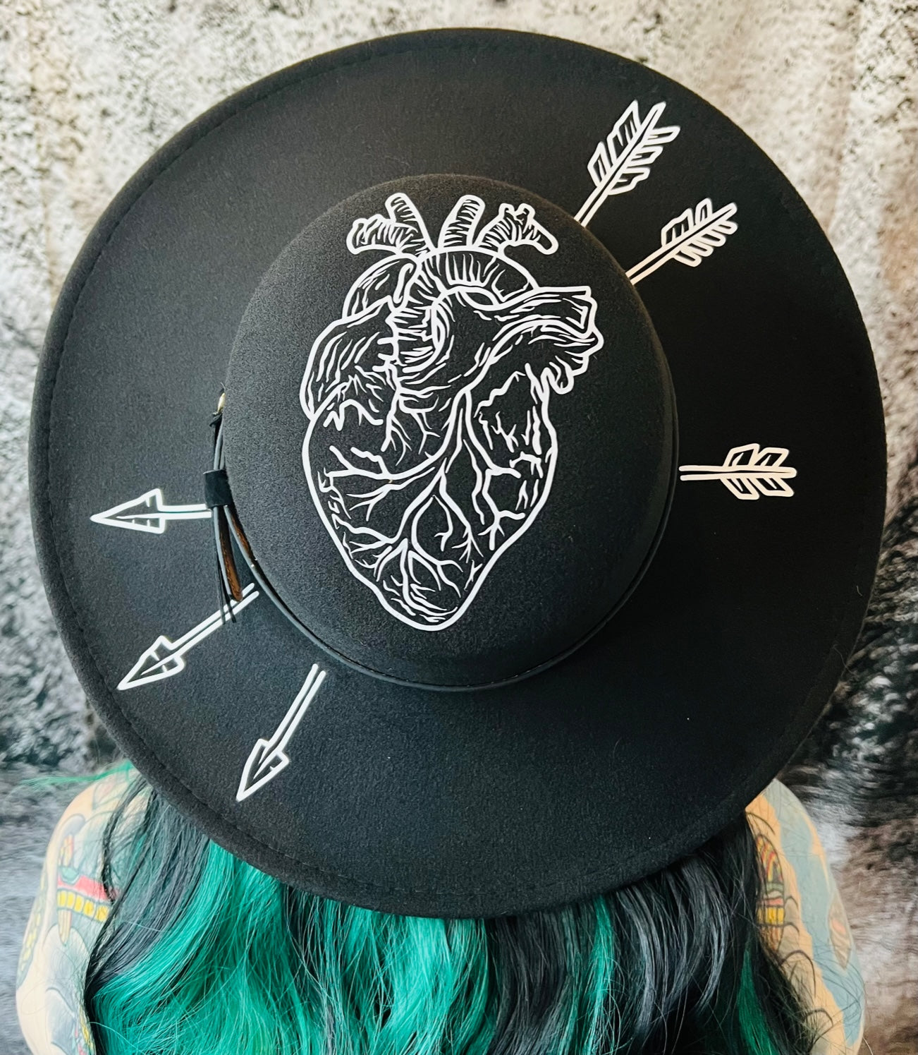 Vegan Felt Wide Brim Hat - Flat Top XL Brim - "Arrows Through Heart"