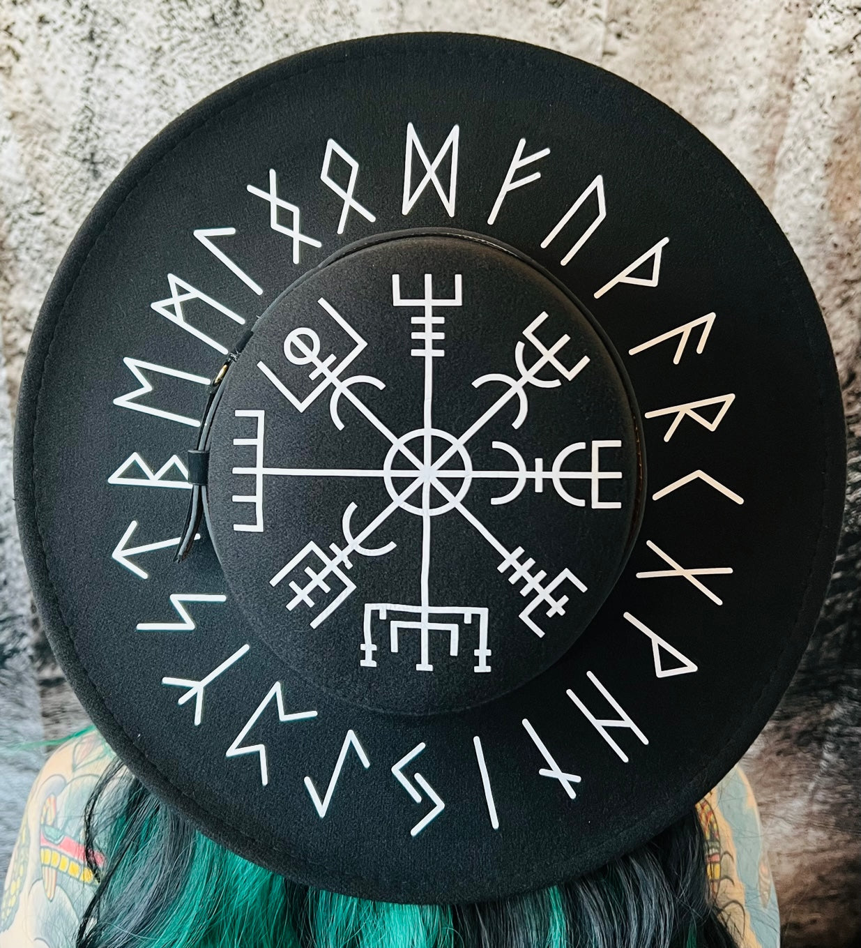 Vegan Felt Wide Brim Hat - Flat Top XL Brim - "Viking Runes"