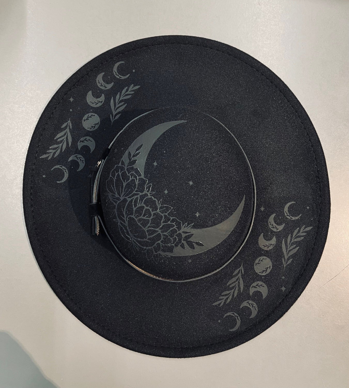 Vegan Felt Wide Brim Hat - Flat Top XL Brim - Floral moon - Black on Black