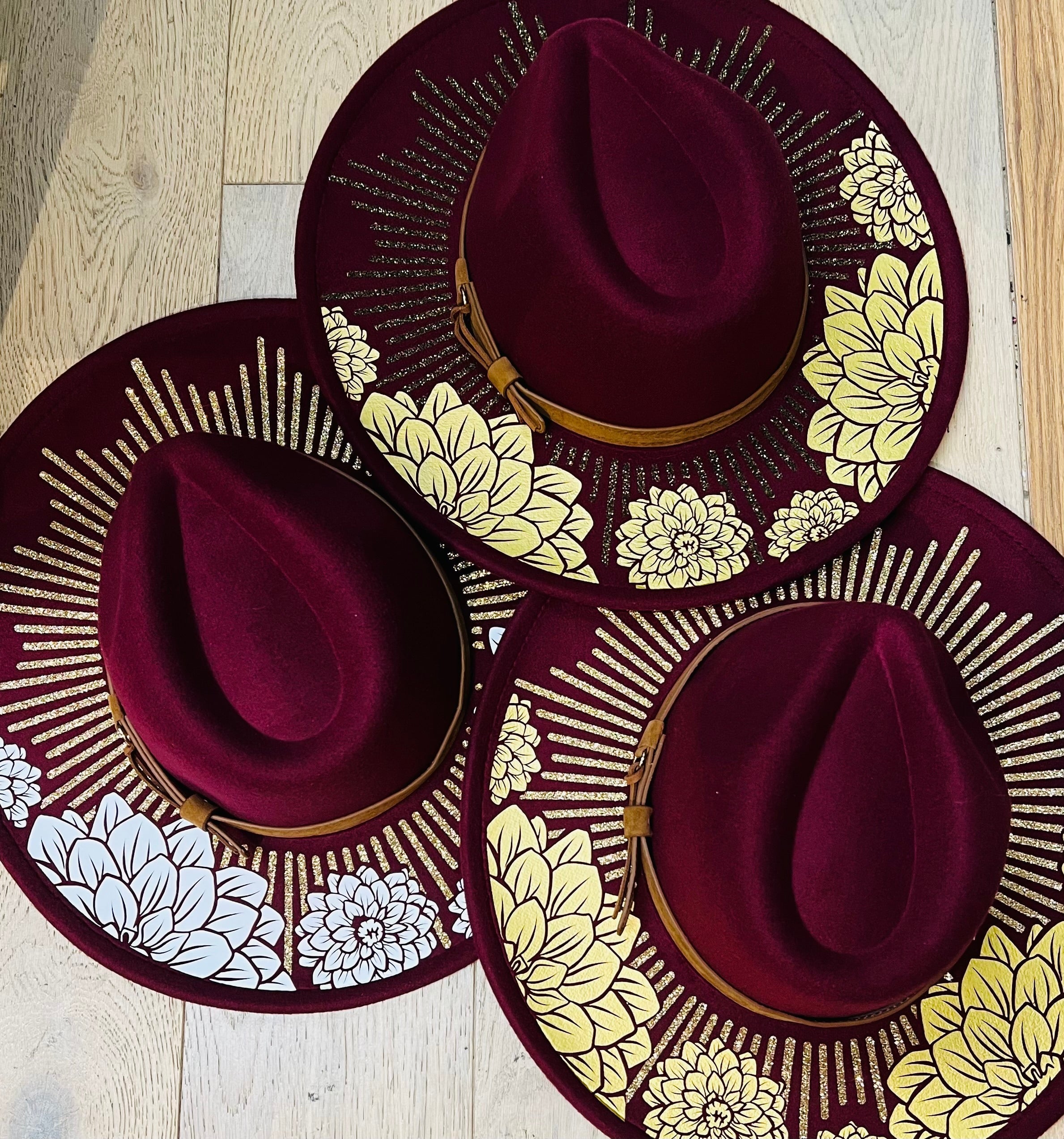 Vegan Felt Wide Brim Hat - XL Brim - Wine Red - Dahlia Burst