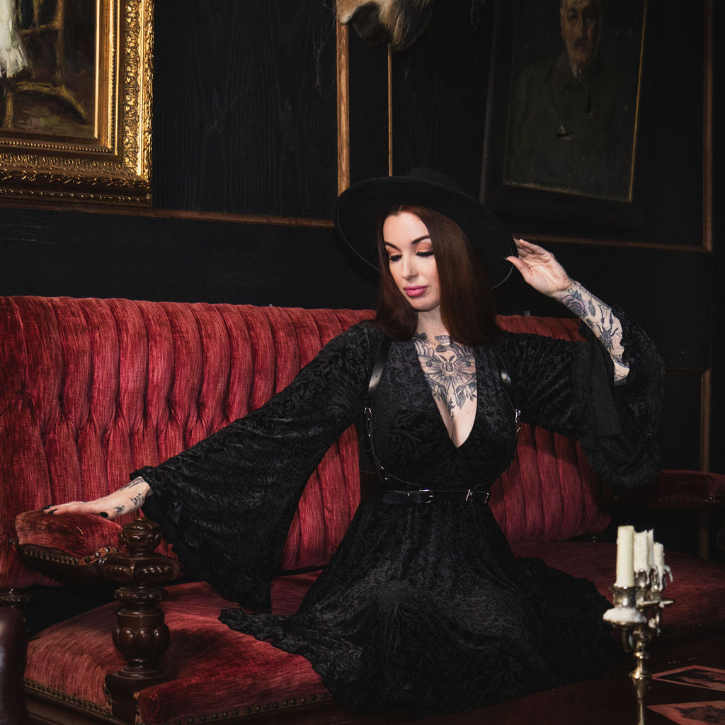 Nyx - Bell Sleeved Velvet Damask Dress with Harness - READY TO SHIP!