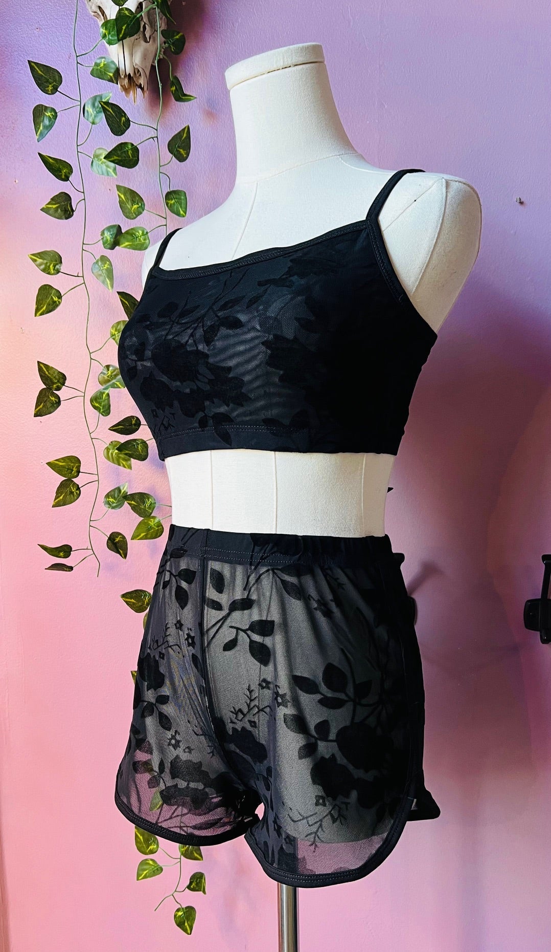 The Sinister Set - GOTHIC FLORAL - Sheer Velvet Flocked Floral Bra & Shorts Set - PRE-ORDER