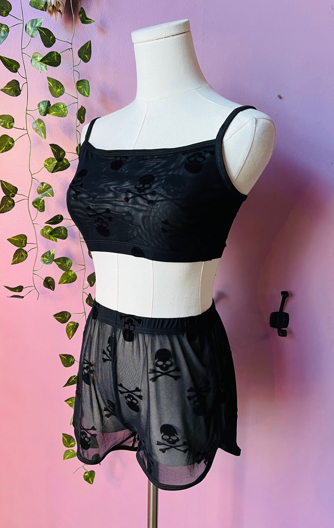 The Sinister Set - SKULLS - Sheer Velvet Flocked Skulls Bra & Shorts Set - PRE-ORDER