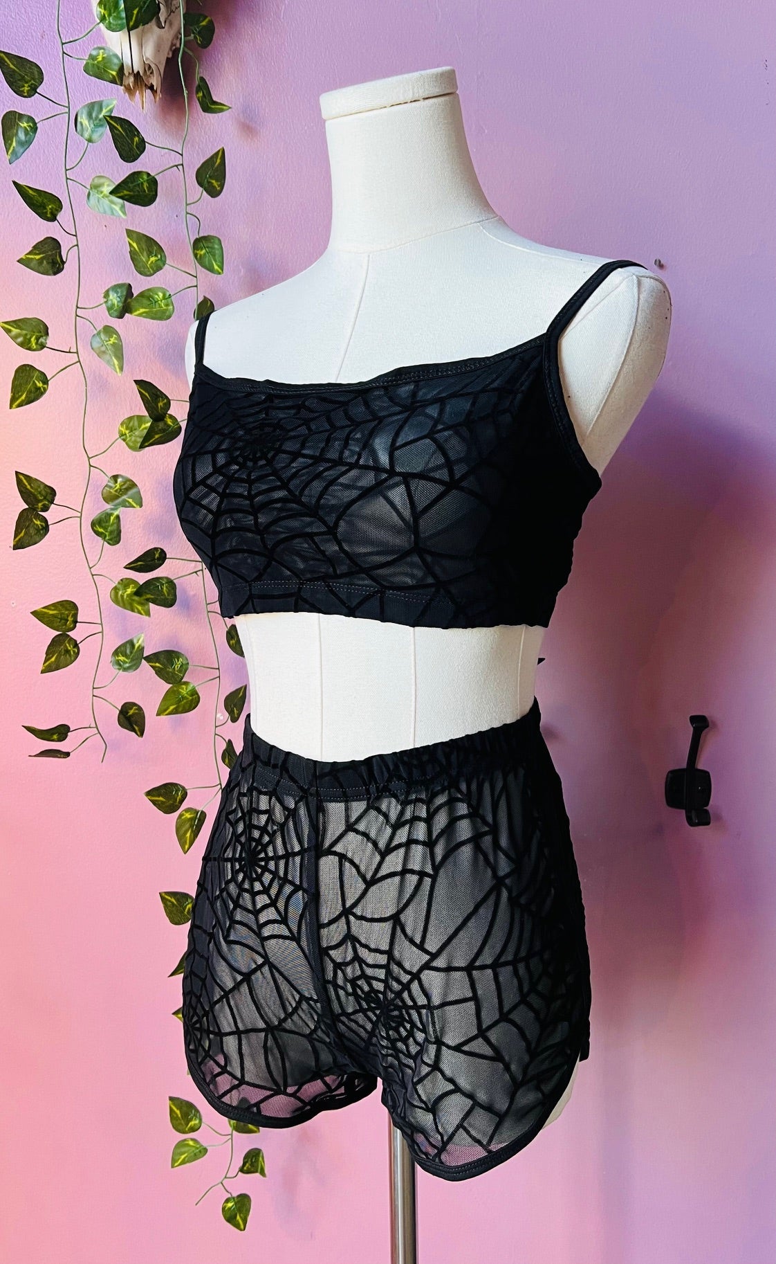 The Sinister Set - WEBS - Sheer Velvet Flocked Spider Web Bra & Shorts Set - READY To SHIP