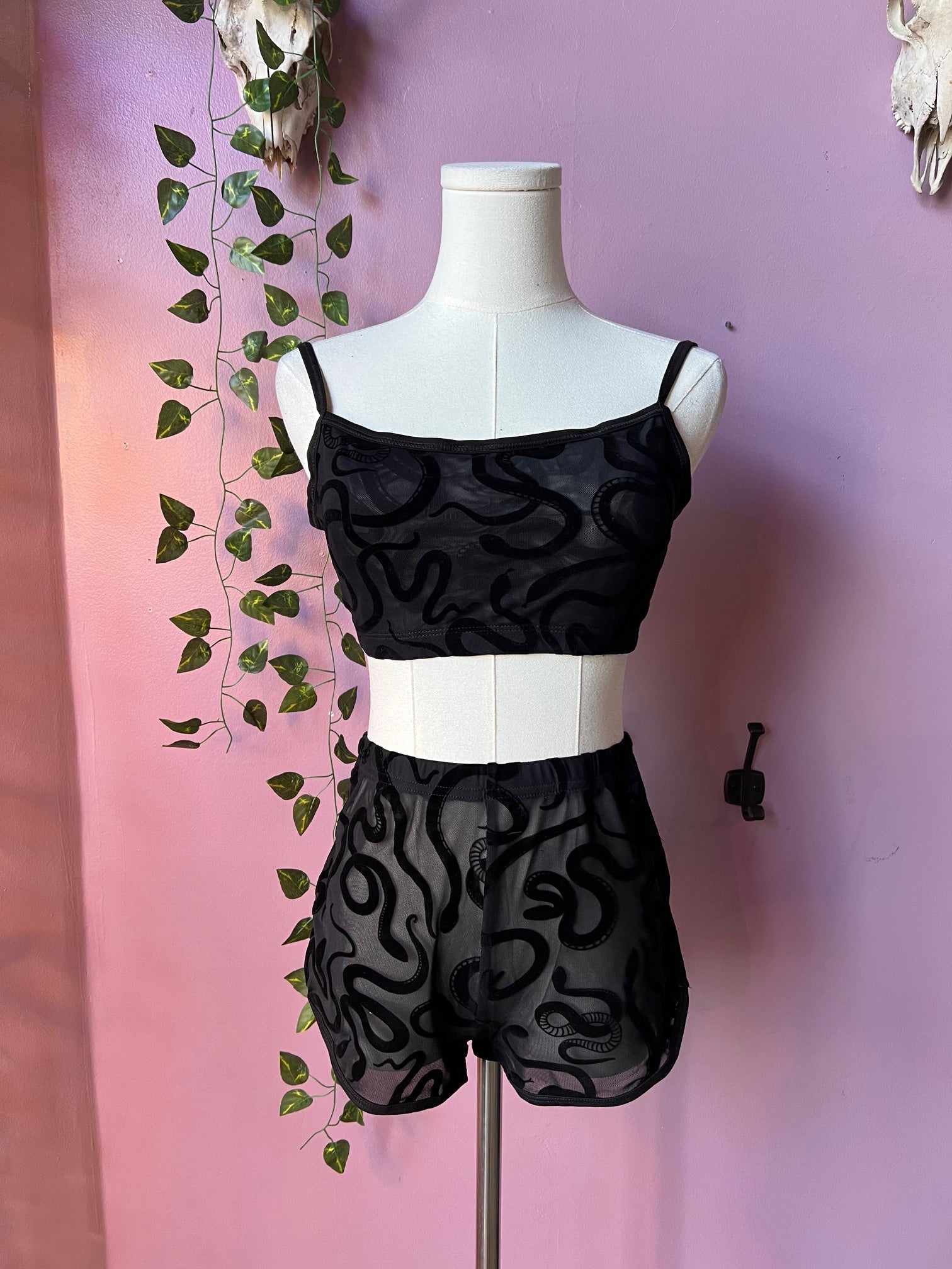 The Sinister Set - SNAKES - Sheer Velvet Flocked Snakes Bra & Shorts Set - READY To SHIP