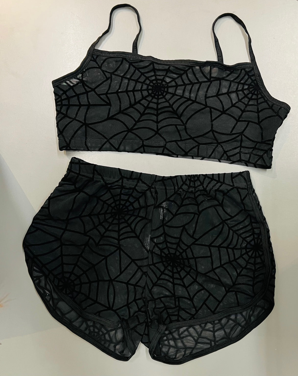 The Sinister Set - WEBS - Sheer Velvet Flocked Spider Web Bra & Shorts Set - READY To SHIP
