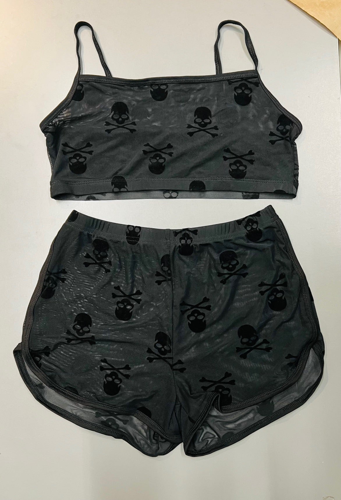 The Sinister Set - SKULLS - Sheer Velvet Flocked Skulls Bra & Shorts Set - PRE-ORDER