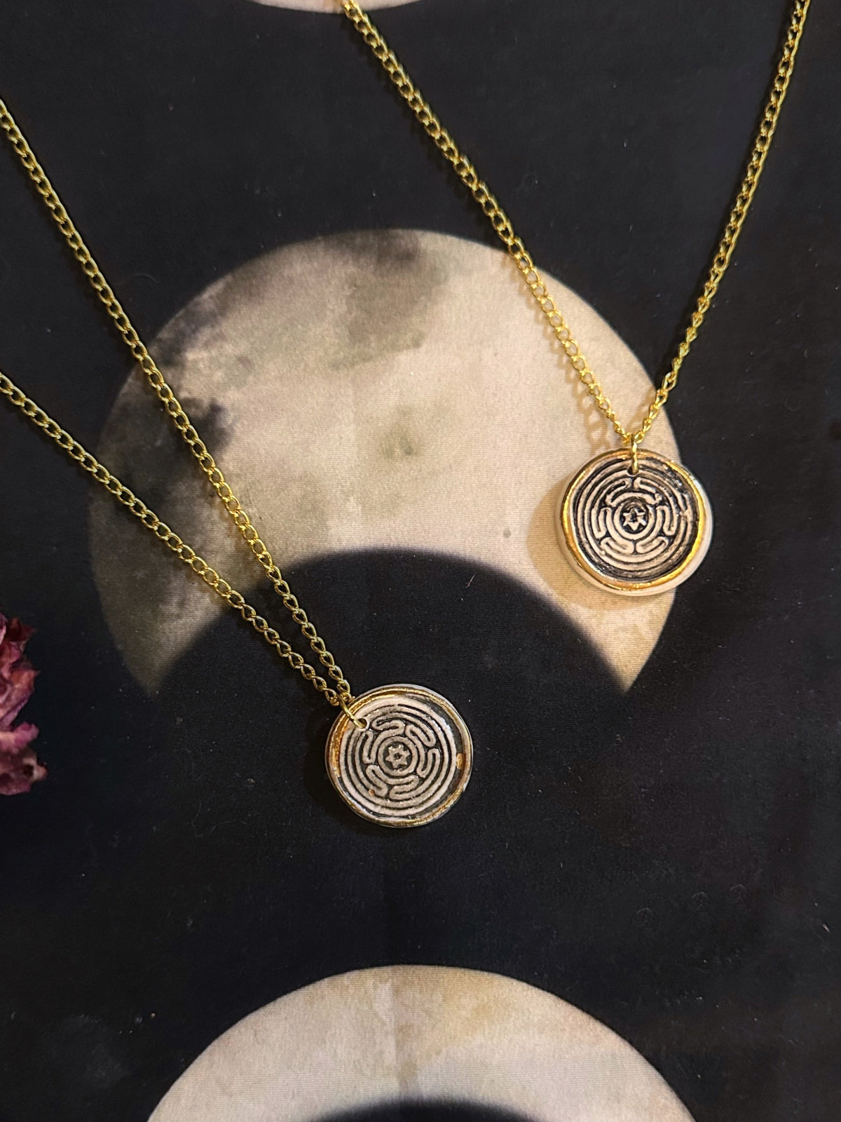 Strophalos of Hecate Wheel Porcelain Talisman necklace with a gold plated iron chain by Keven Craft Rituals