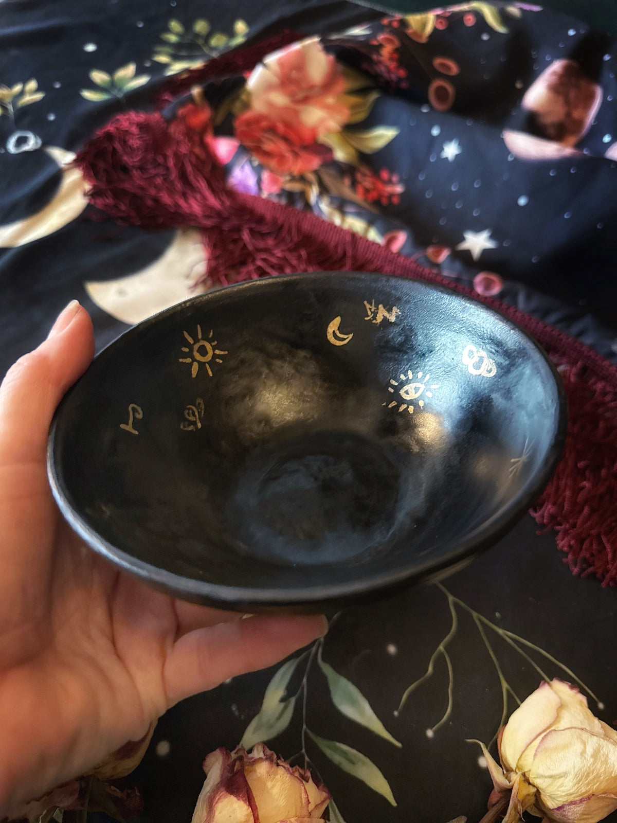 Matte Black Dishes w/ Gold Luster Witches Runes - For Scrying or Dinnerware by keven craft rituals
