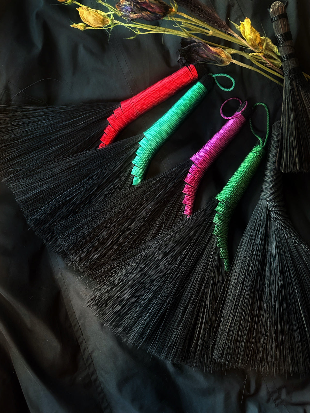 handmade black Tampico altar brooms by kenen craft rituals