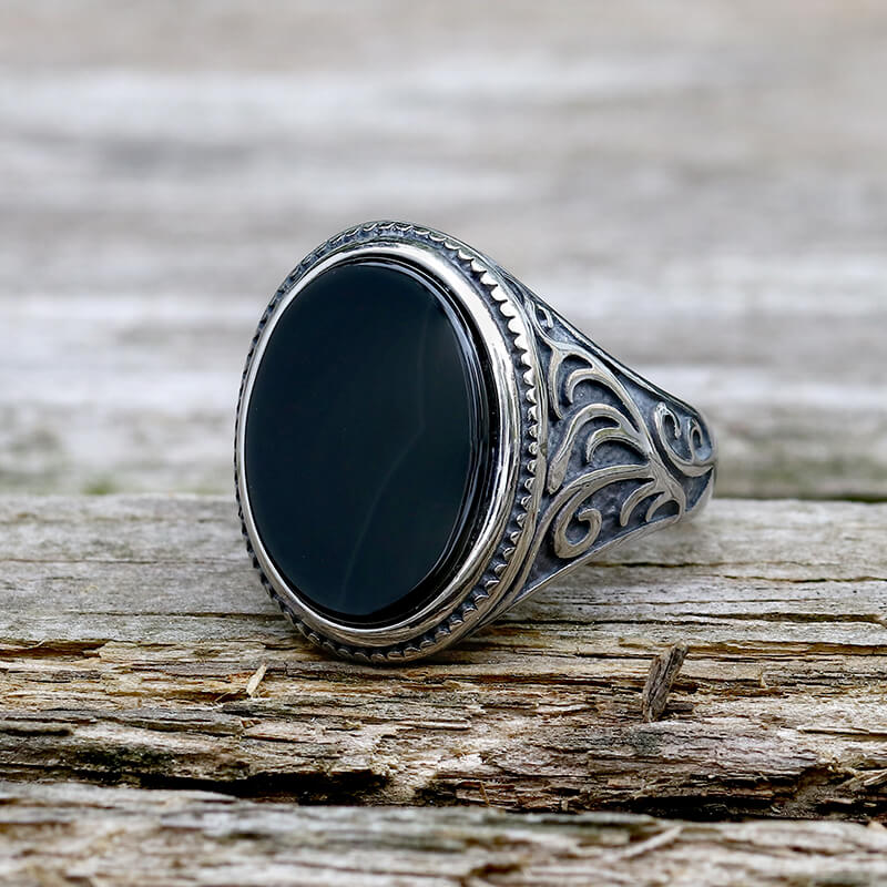 Black Oval Agate Scrying Carved Stainless Steel Ring