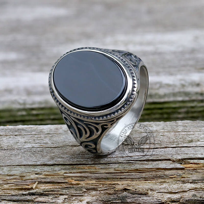 Black Oval Agate Scrying Carved Stainless Steel Ring