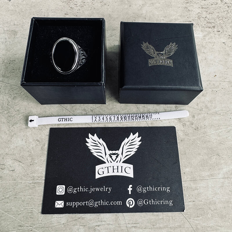 Black Oval Agate Scrying Carved Stainless Steel Ring