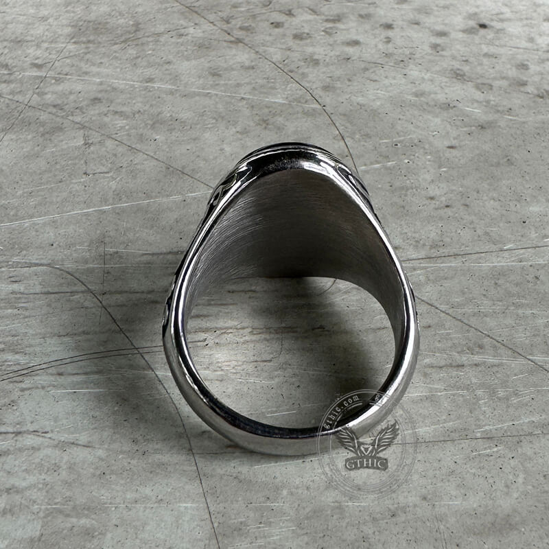 Black Oval Agate Scrying Carved Stainless Steel Ring
