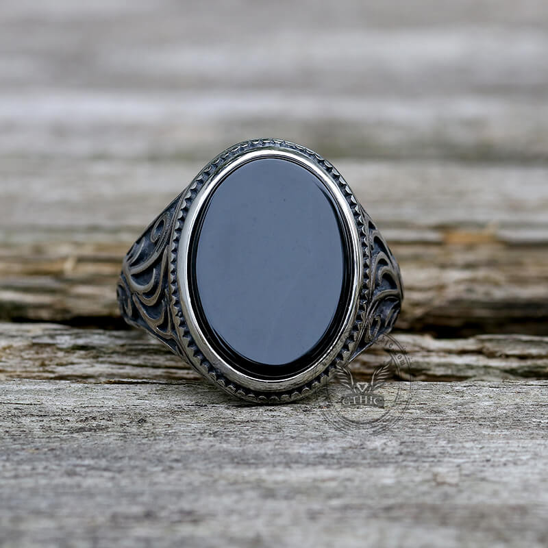 Black Oval Agate Scrying Carved Stainless Steel Ring