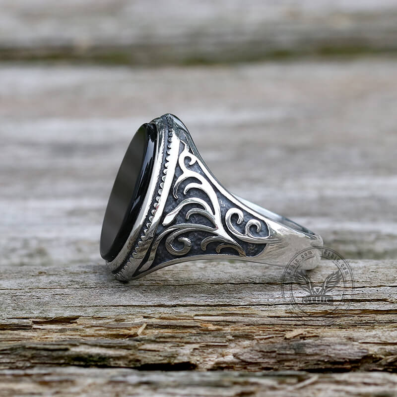 Black Oval Agate Scrying Carved Stainless Steel Ring