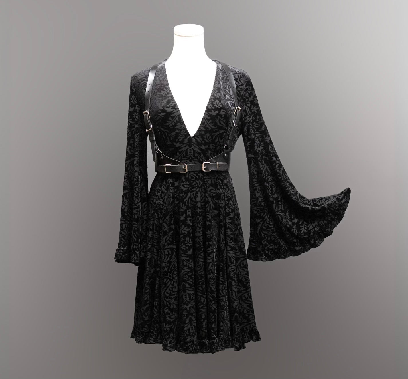 Nyx - Bell Sleeved Velvet Damask Dress with Harness - READY TO SHIP!