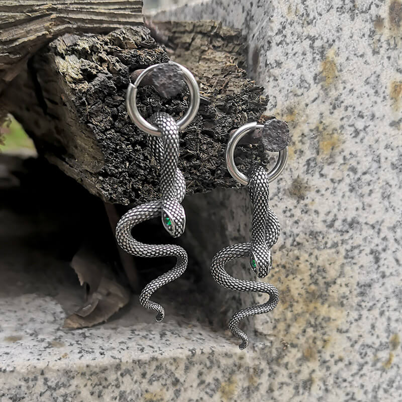 Green Eye Snake Stainless Steel Drop Earrings