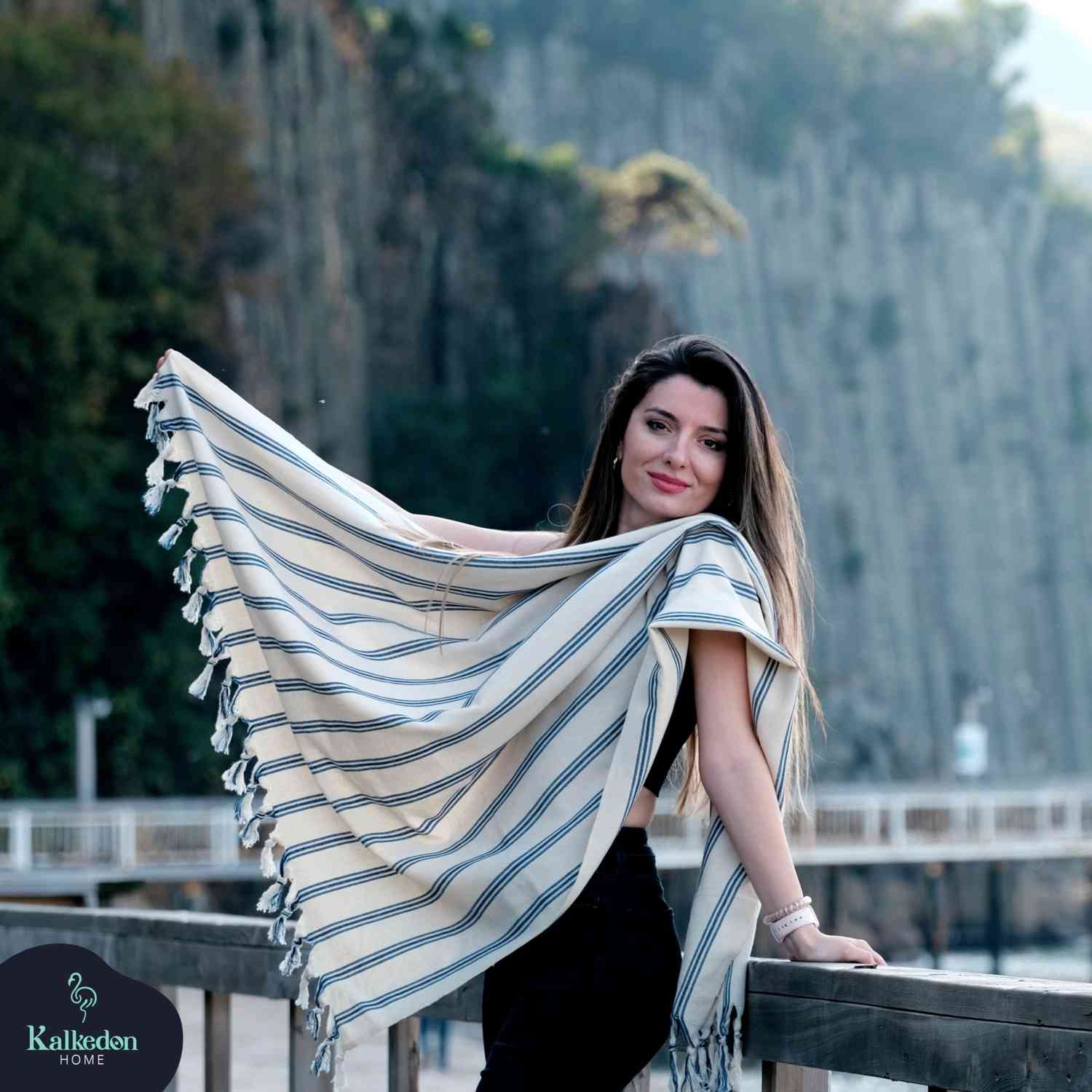 Dark Blue Striped Handwoven Turkish Towel