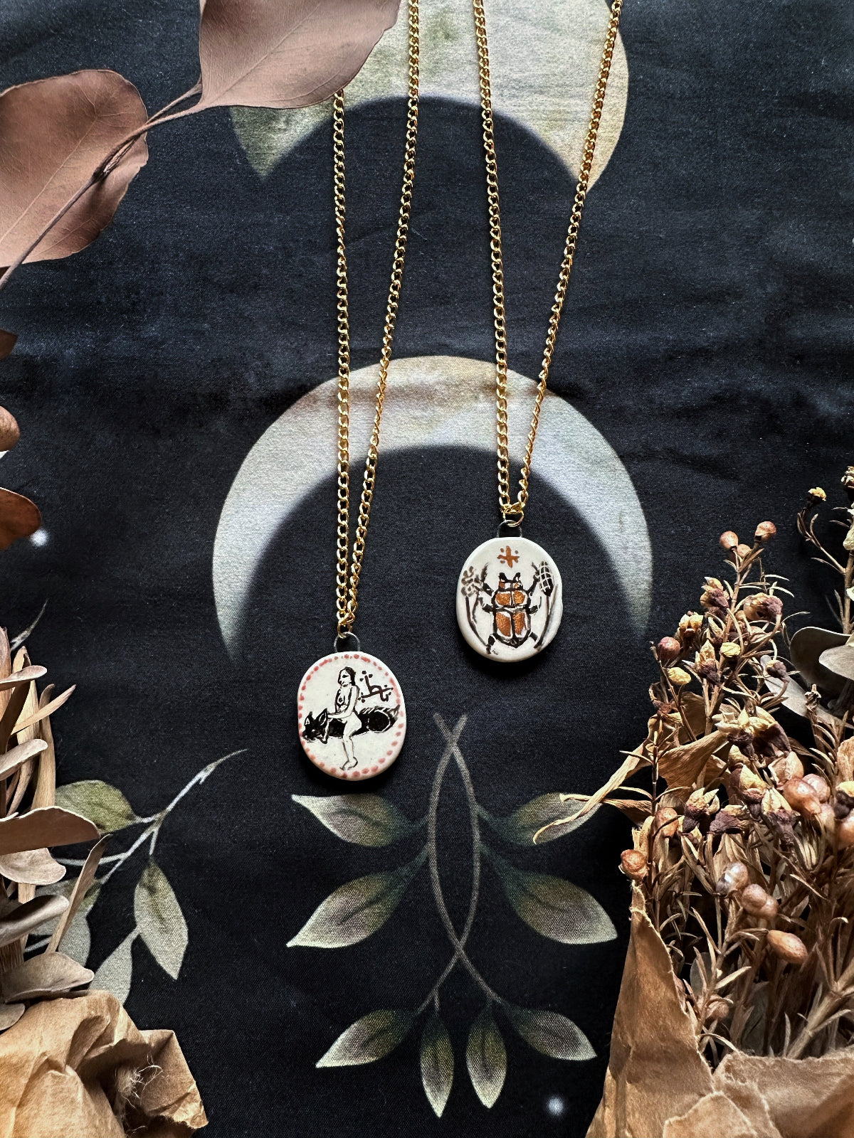 Illuminated Manuscript Fertility Talisman - Porcelain Necklace handprinted with underglaze and gold luster