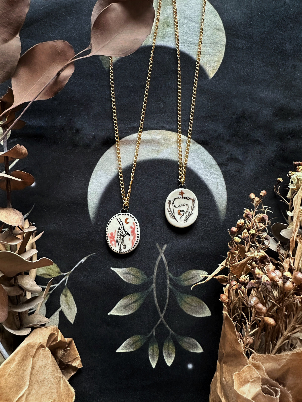 Illuminated Manuscript Mutable Talisman - Porcelain Necklace handprinted with underglaze and gold luster