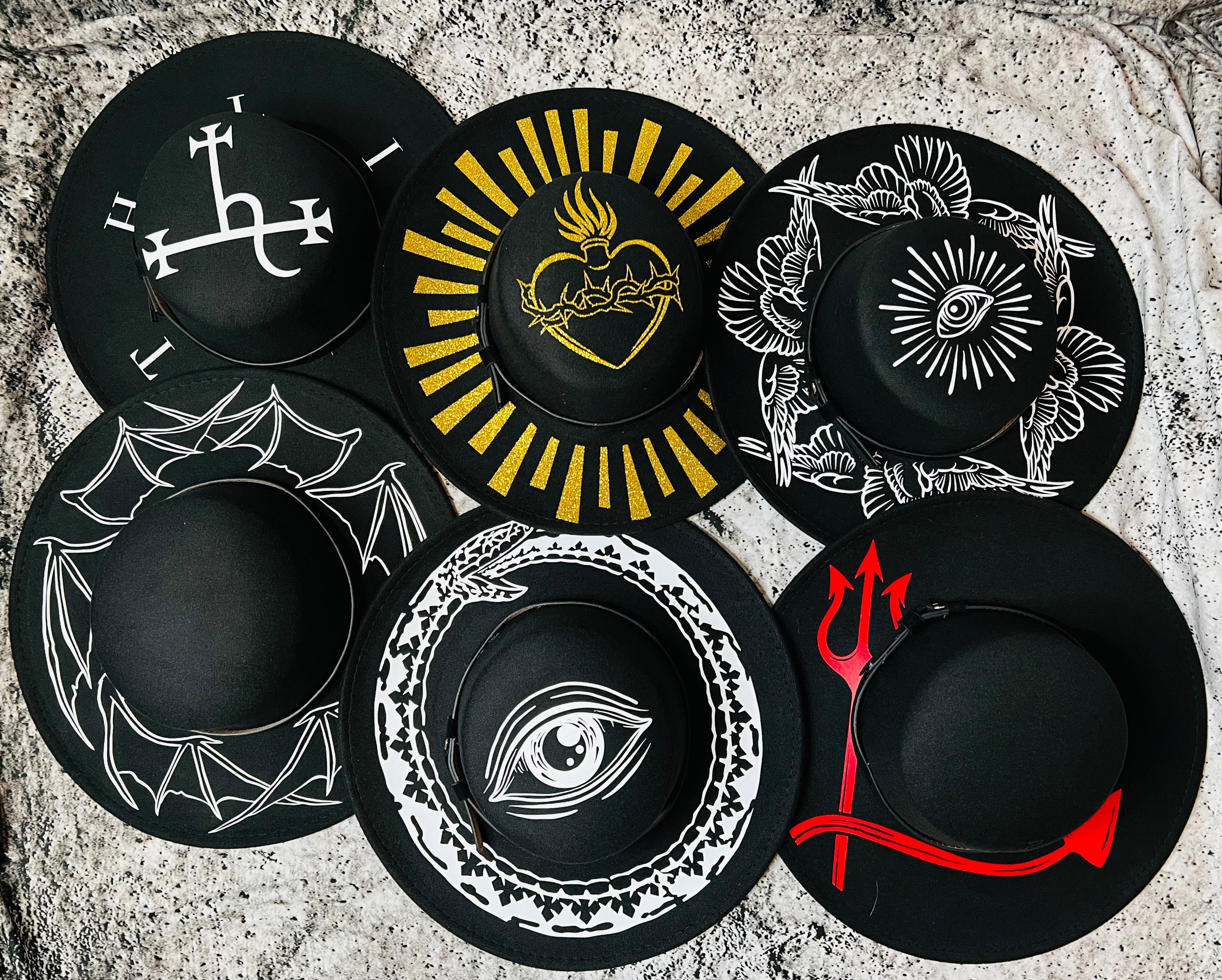 Vegan Felt Wide Brim Hat - Flat Top XL Brim - "Oroboros"