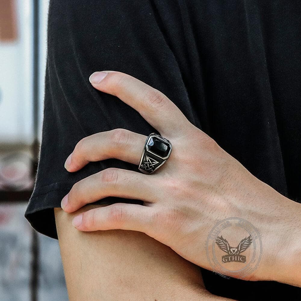 Lucifer Symbol Black Gem Stainless Steel Ring