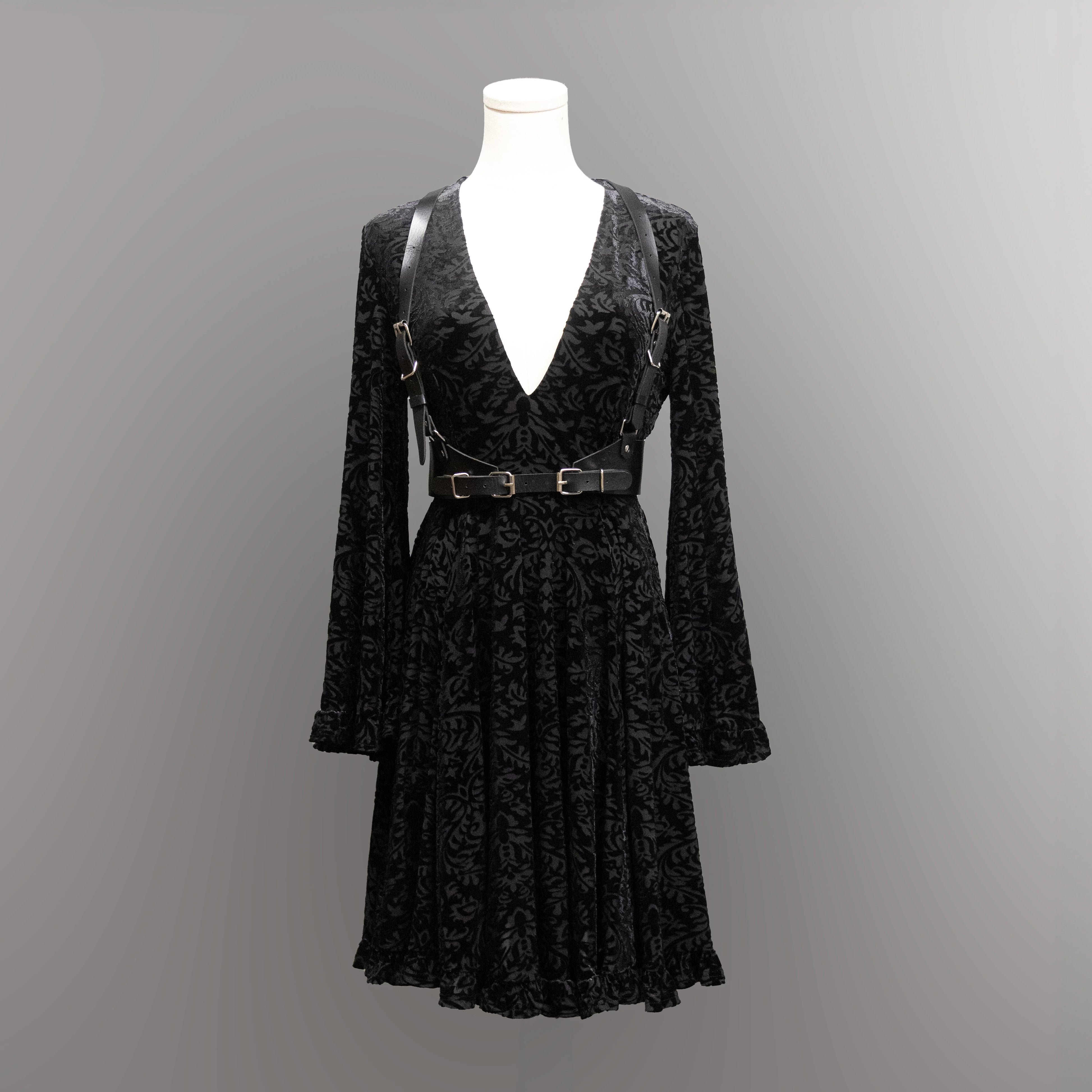 Nyx - Bell Sleeved Velvet Damask Dress with Harness - READY TO SHIP!