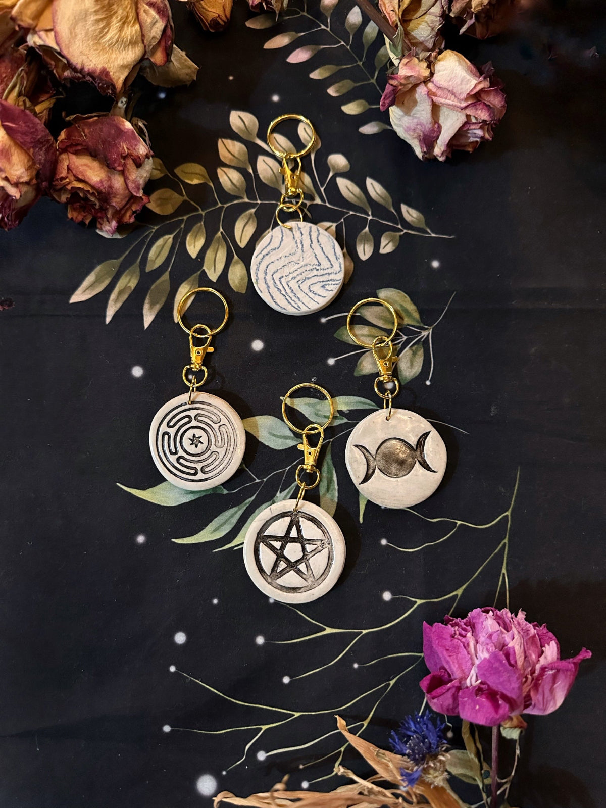 Porcelain Keychain - w/ Gold Plated Keyring with symbol of your choice by kevent craft rituals