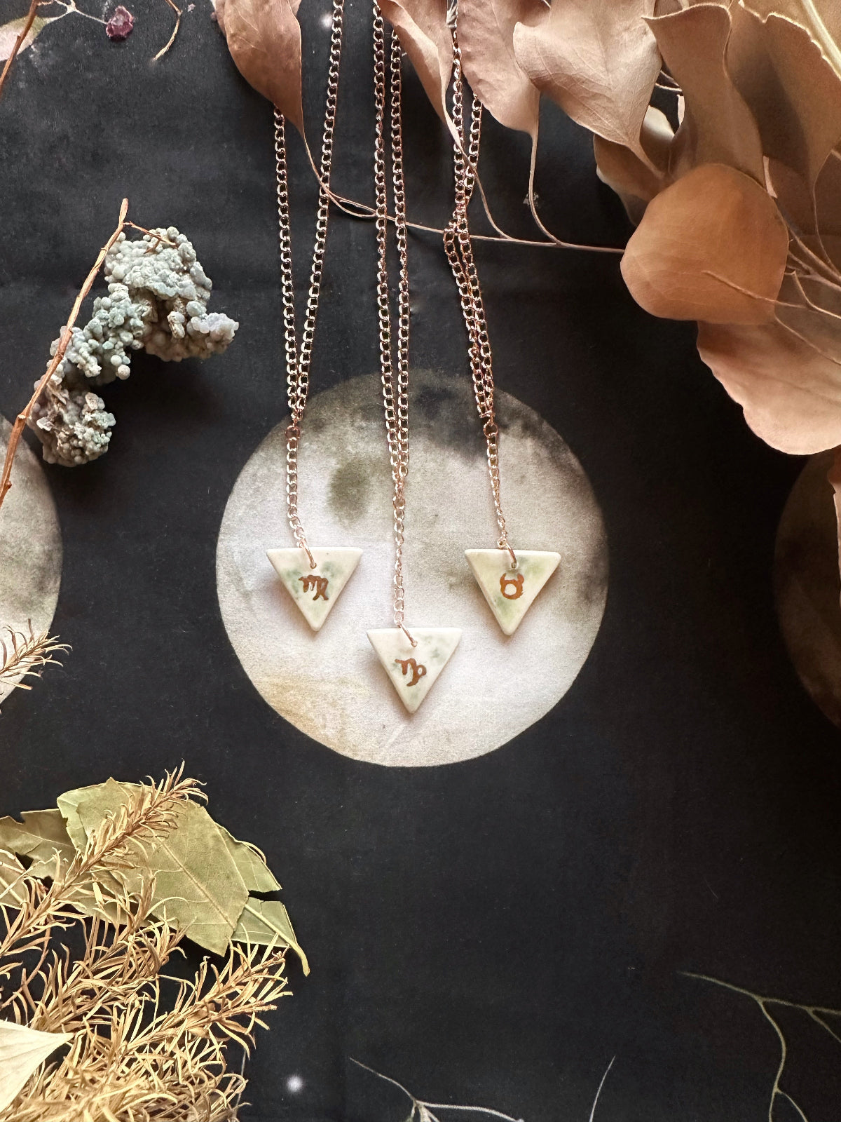 A double-sided porcelain necklace with one side featuring a geometric element design and the other side a representation of the zodiac earth signs, both sides with a matte and glossy finish respectively. The necklace is displayed on a dark background with some dried plants and leaves around it.