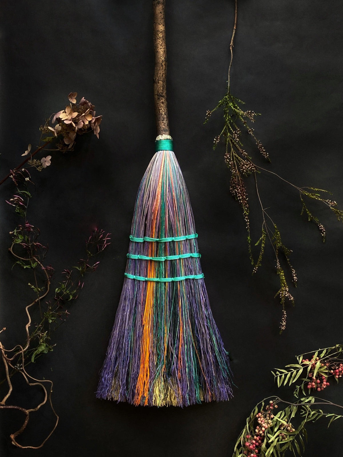"mermaid tail" handmade boom with natural wood handle and dyed broomcorn by keven craft rituals