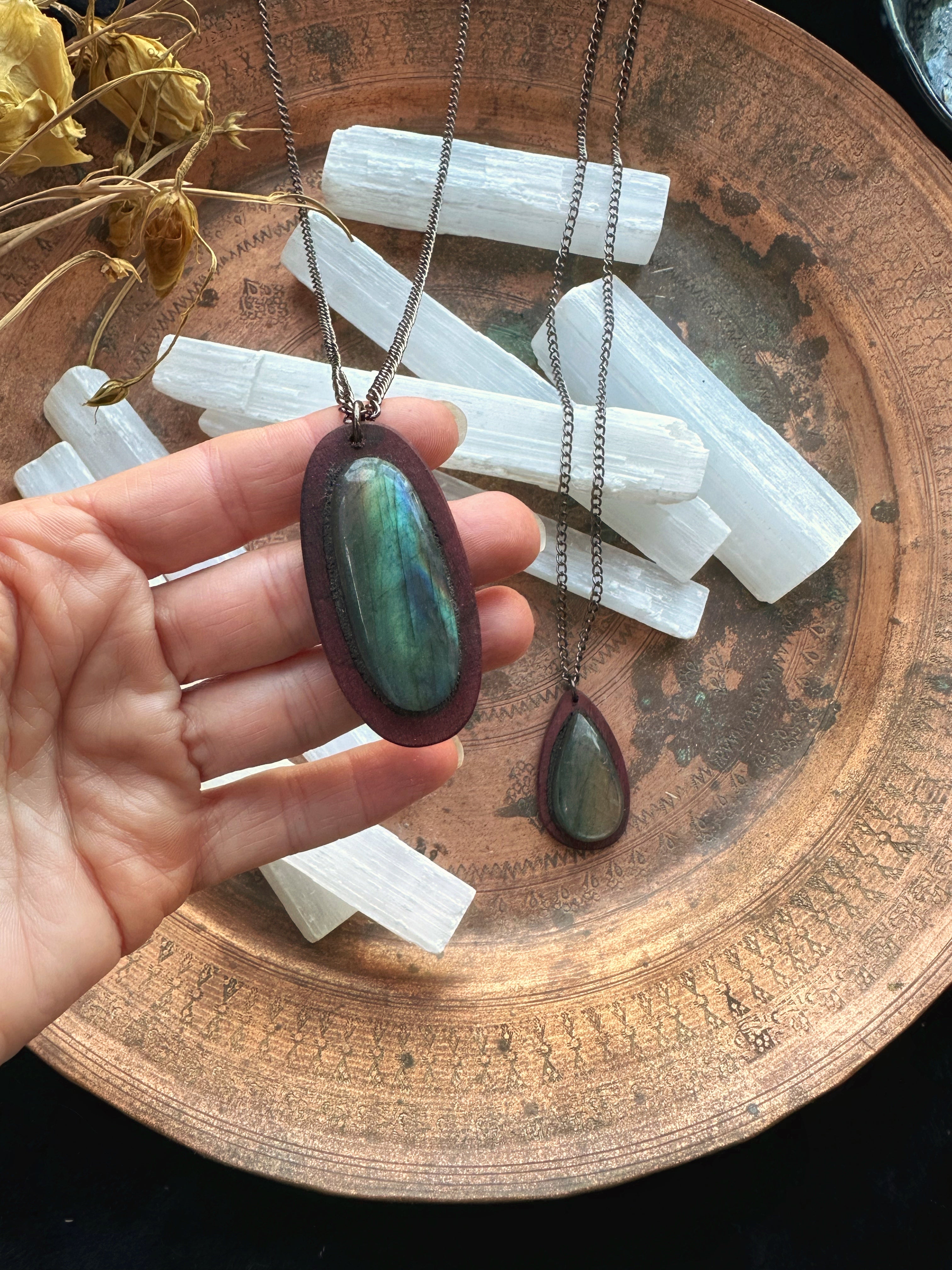 Labradorite Pendant on Purple Heart Hardwood - Teardrop, Crescent, Oval, Etc. Necklaces