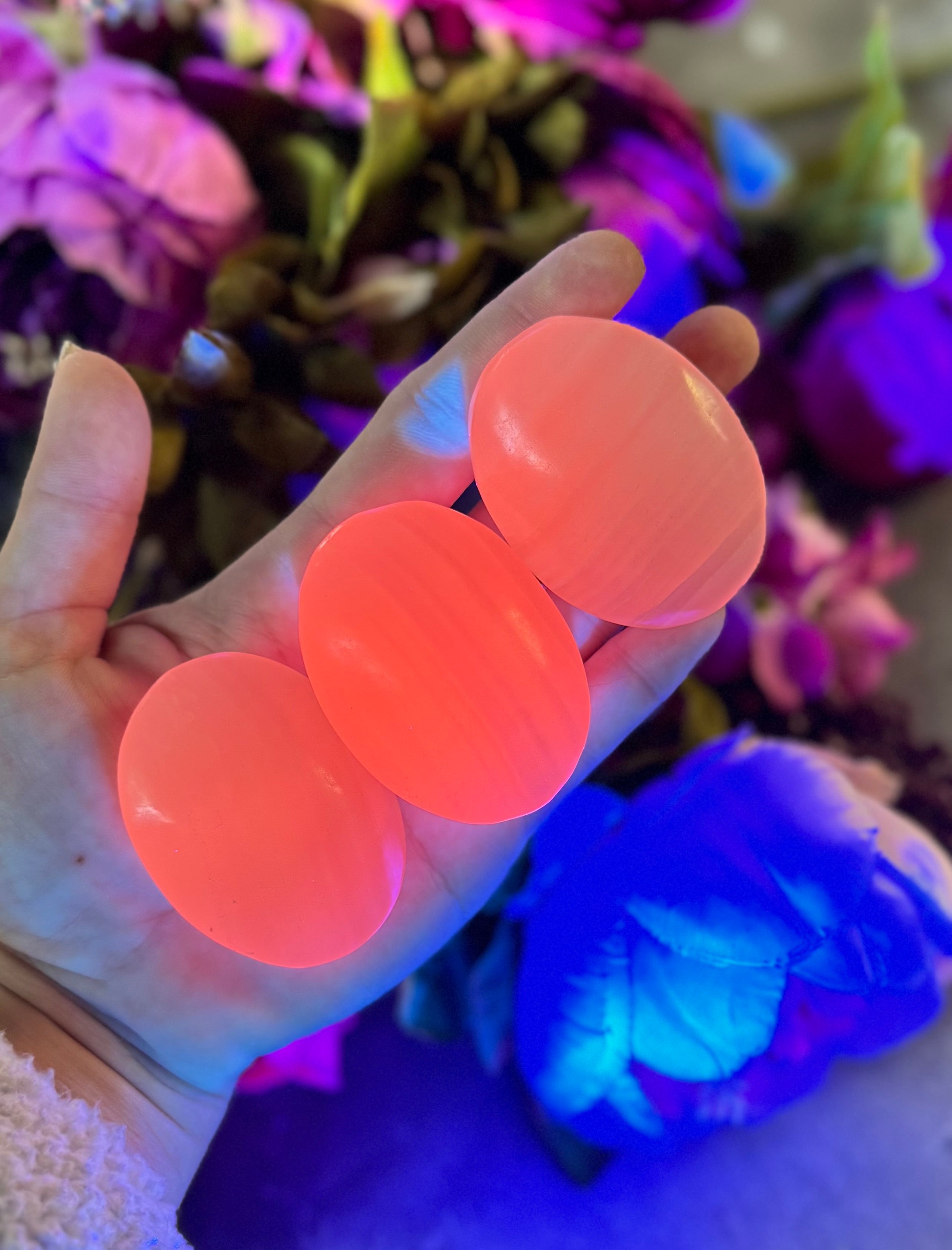 Pink Calcite Palm Stones, UV Reactive, Glows Pink, Fluorescent Minerals